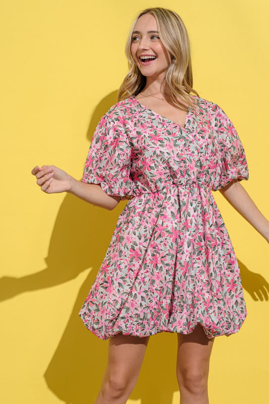 Blue Zone Planet | And The Why Full Size Floral Surplice Puff Sleeve Dress-TOPS / DRESSES-[Adult]-[Female]-Pink Multi-S-2022 Online Blue Zone Planet