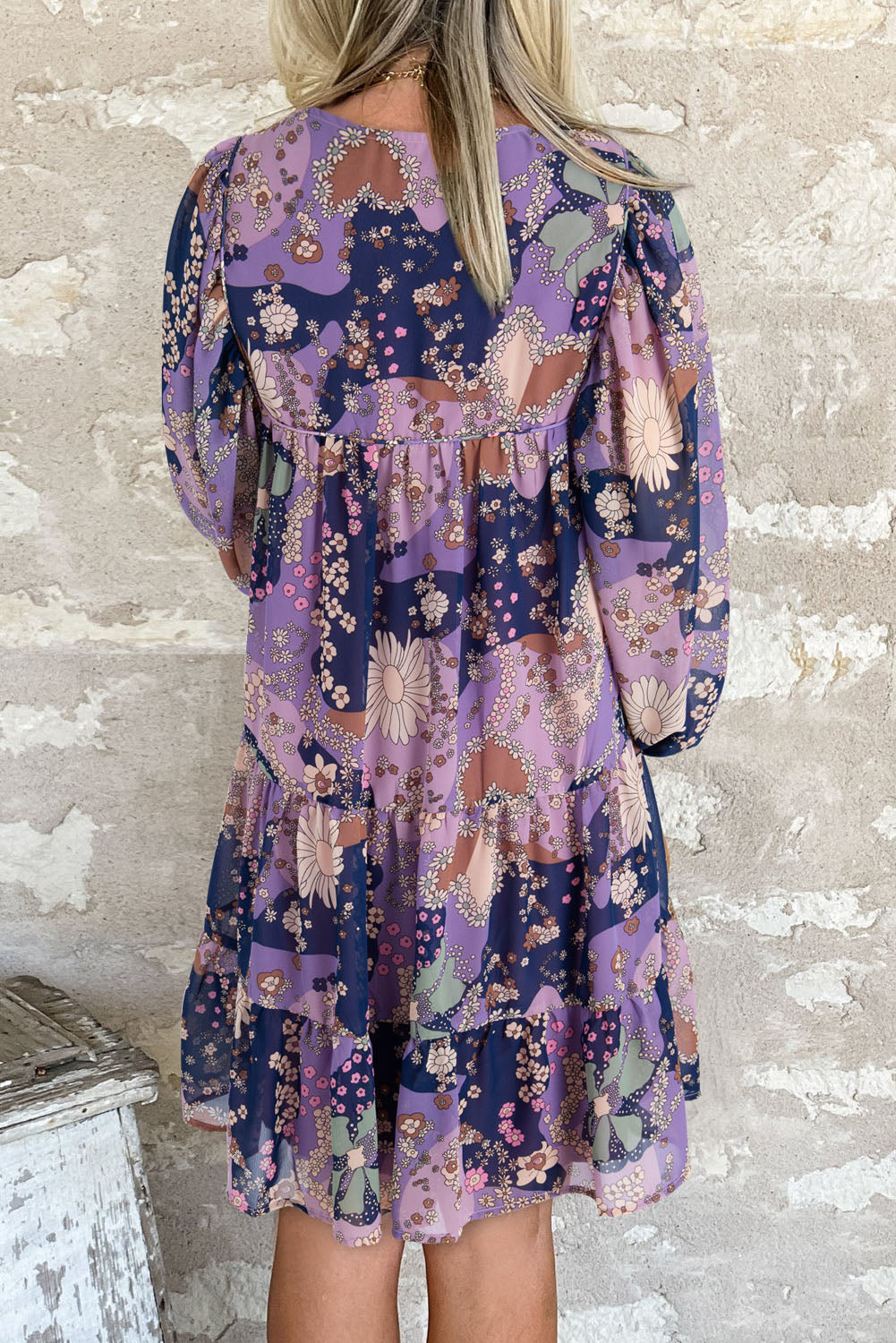 Purple Vintage Daisy Floral Puff Sleeve Ruffle Short Dress-Dresses/Floral Dresses-[Adult]-[Female]-2022 Online Blue Zone Planet