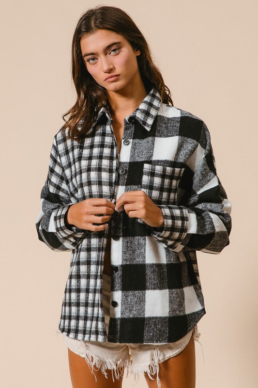 BiBi Plaid Fleece Button Down Long Sleeve Shirt-TOPS / DRESSES-[Adult]-[Female]-Black-S-2022 Online Blue Zone Planet