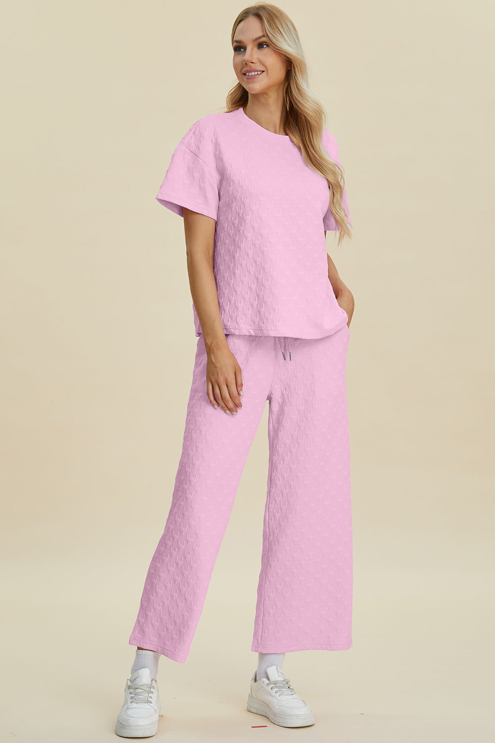 Blue Zone Planet | Double Take Full Size Texture Round Neck Short Sleeve Top and Pants Set-TOPS / DRESSES-[Adult]-[Female]-2022 Online Blue Zone Planet