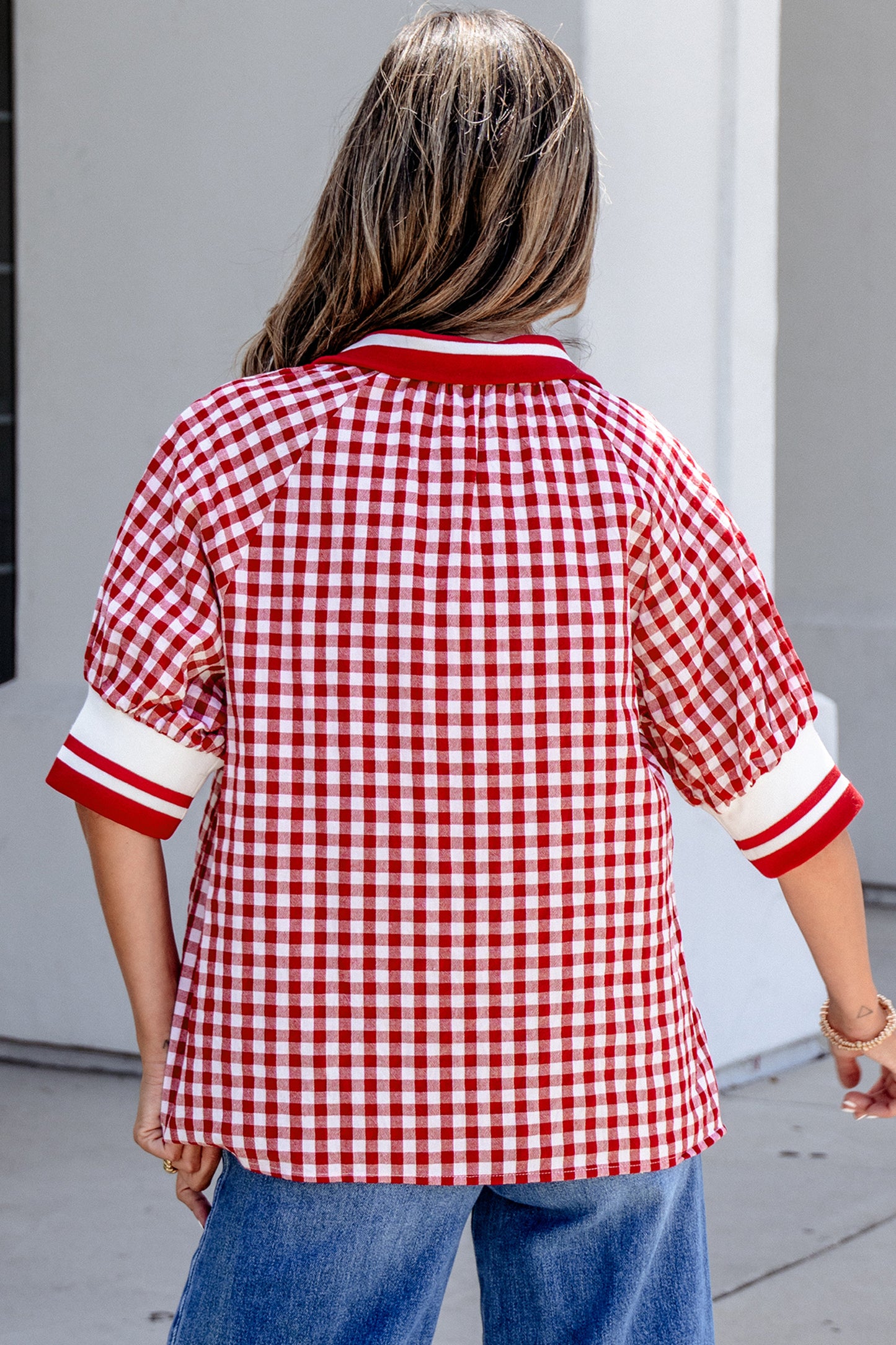 Red Gingham Striped Patchwork Half Zip Blouse-Tops/Blouses & Shirts-[Adult]-[Female]-2022 Online Blue Zone Planet