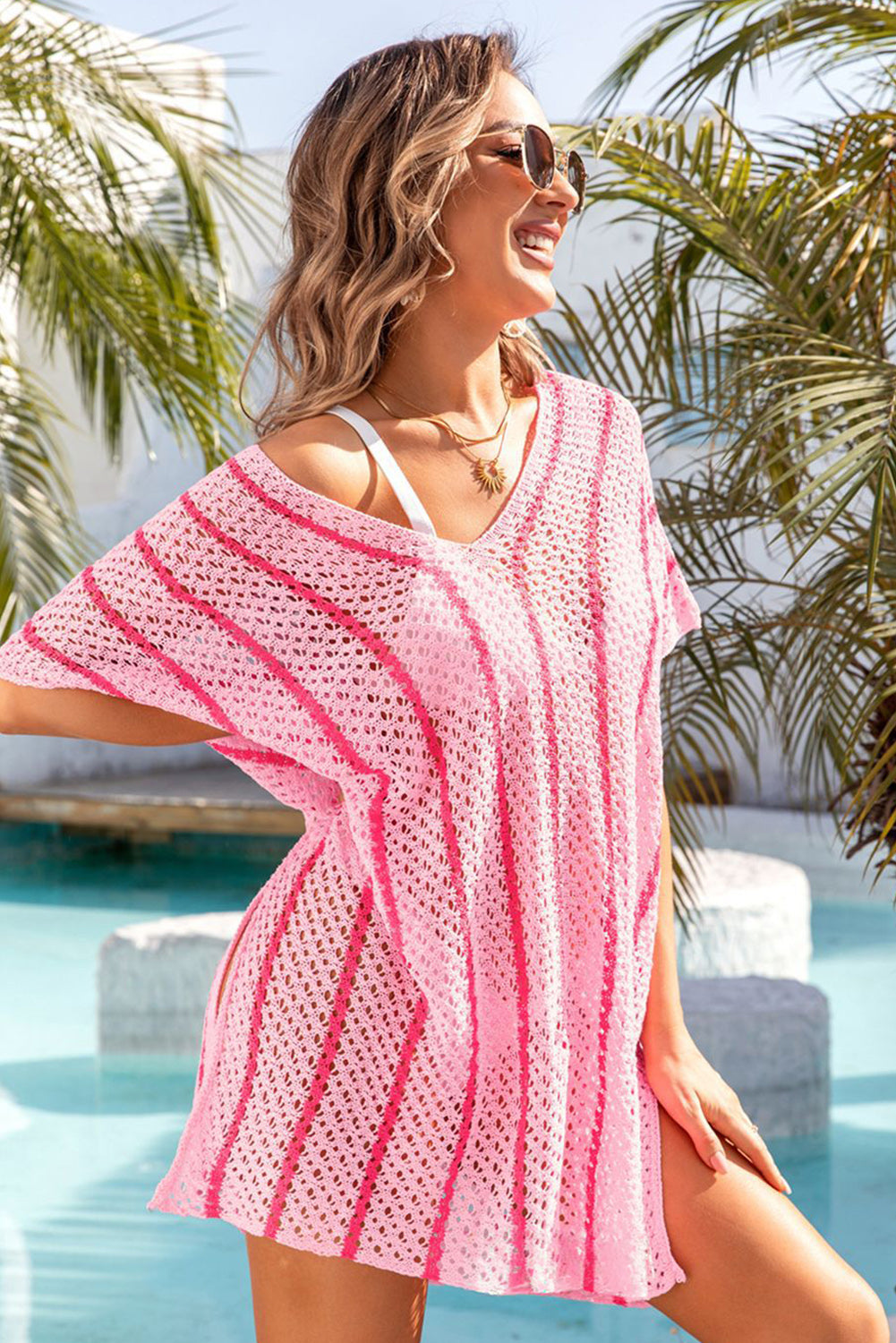 Black Striped Crochet Loose Fit V Neck Beach Cover Up Blue Zone Planet
