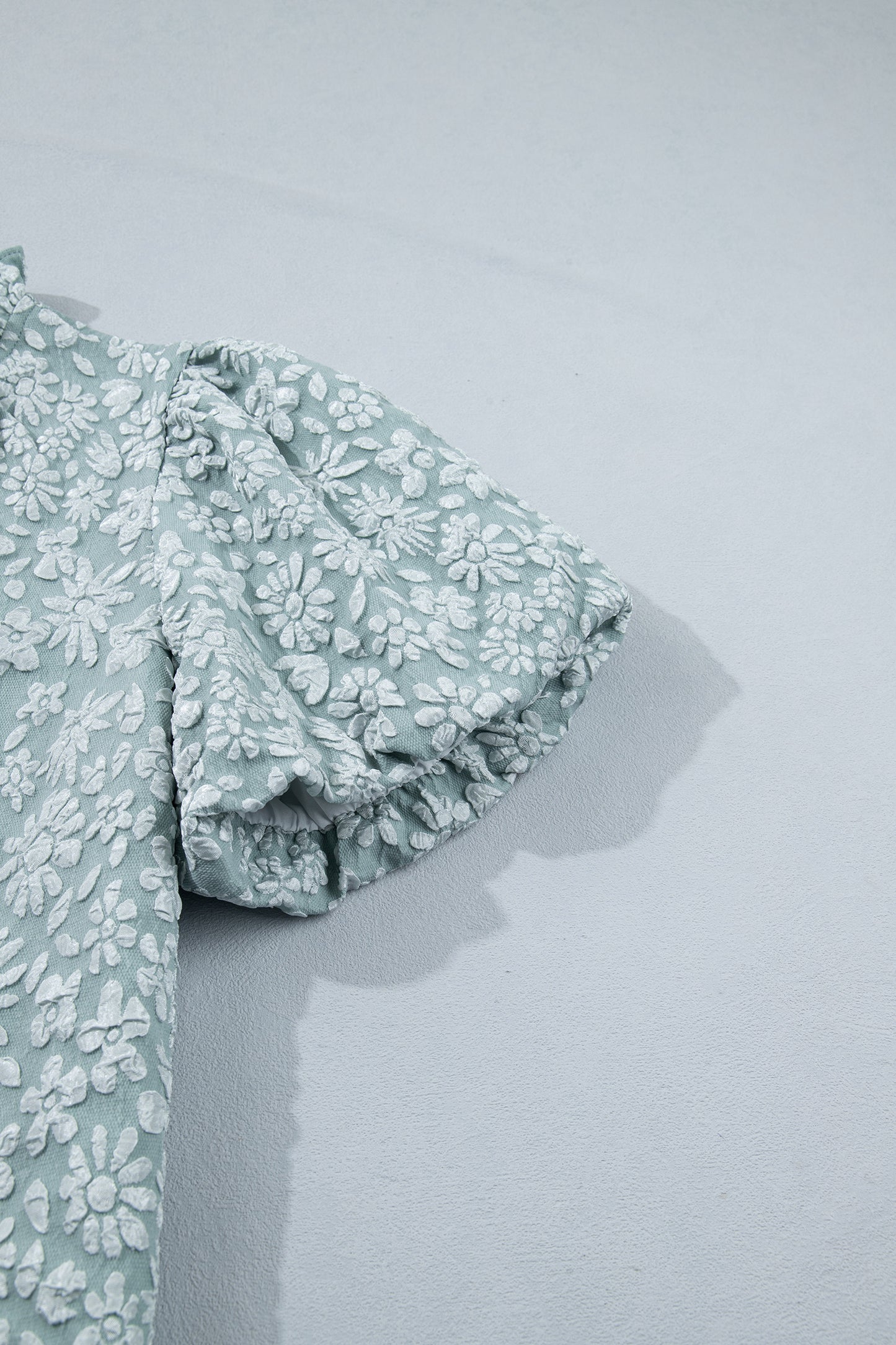 Iceland Blue Floral Textured Jacquard Puff Sleeve Blouse-Tops/Blouses & Shirts-[Adult]-[Female]-2022 Online Blue Zone Planet