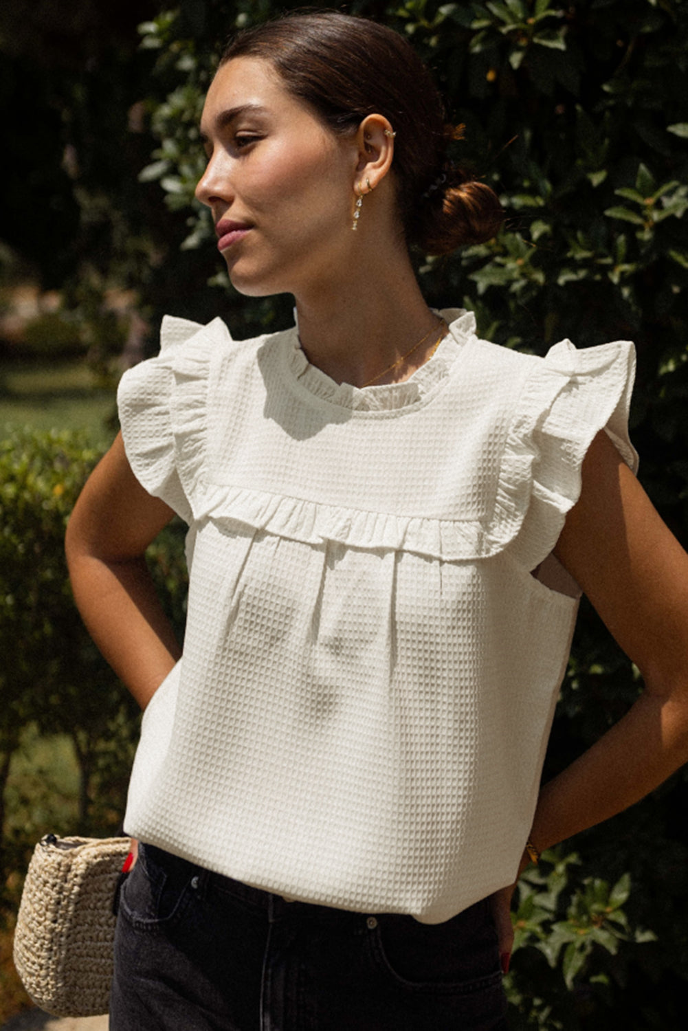 White Solid Color Ruffle Trim Waffle Knit Blouse-Tops/Blouses & Shirts-[Adult]-[Female]-2022 Online Blue Zone Planet