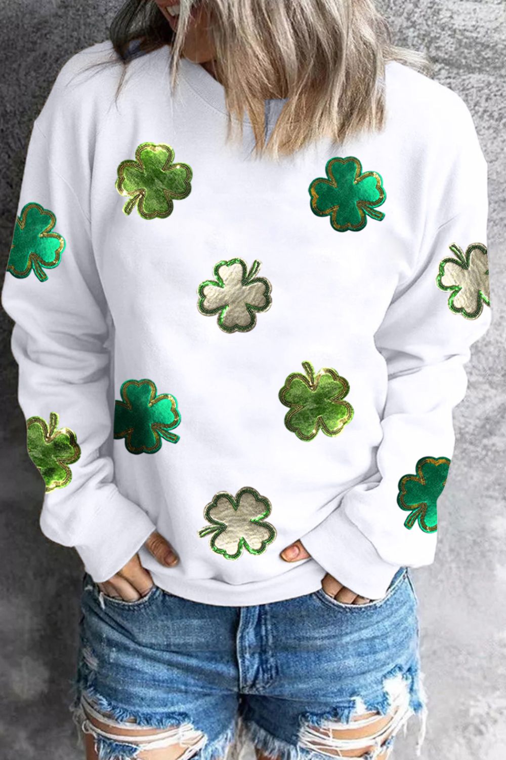 Lucky Clover Round Neck Long Sleeve Sweatshirt-TOPS / DRESSES-[Adult]-[Female]-2022 Online Blue Zone Planet