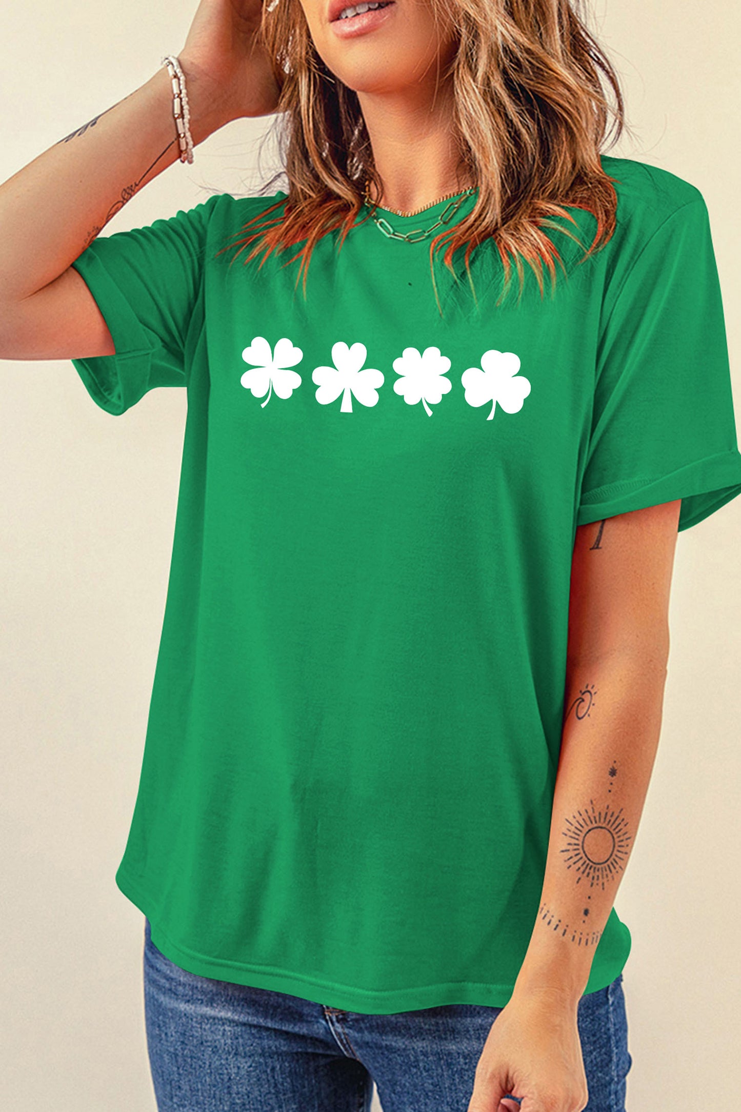 Bright Green St Patricks Day Clover Printed Casual T Shirt-Graphic/Graphic Tees-[Adult]-[Female]-2022 Online Blue Zone Planet