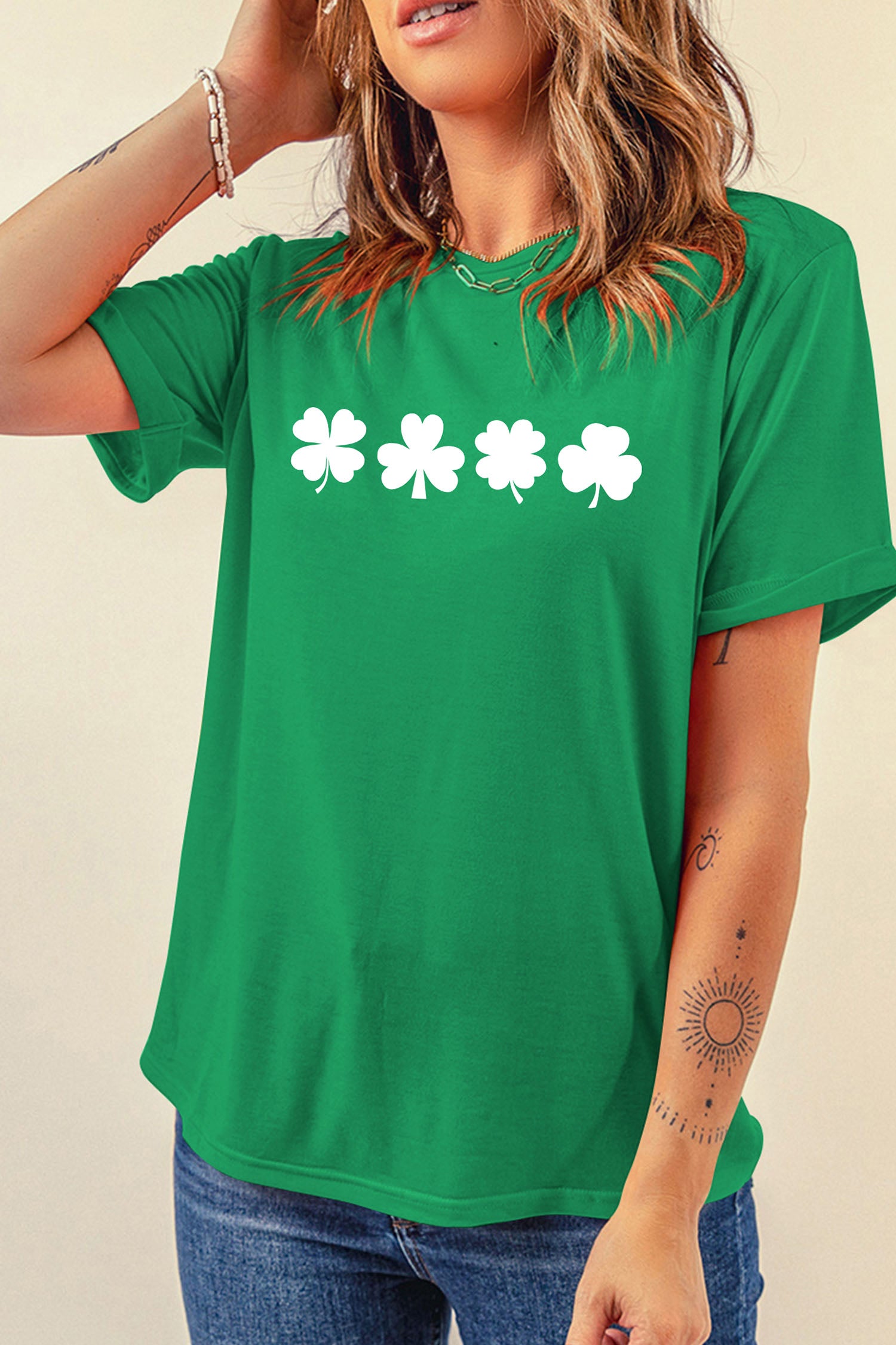 Bright Green St Patricks Day Clover Printed Casual T Shirt-Graphic/Graphic Tees-[Adult]-[Female]-2022 Online Blue Zone Planet