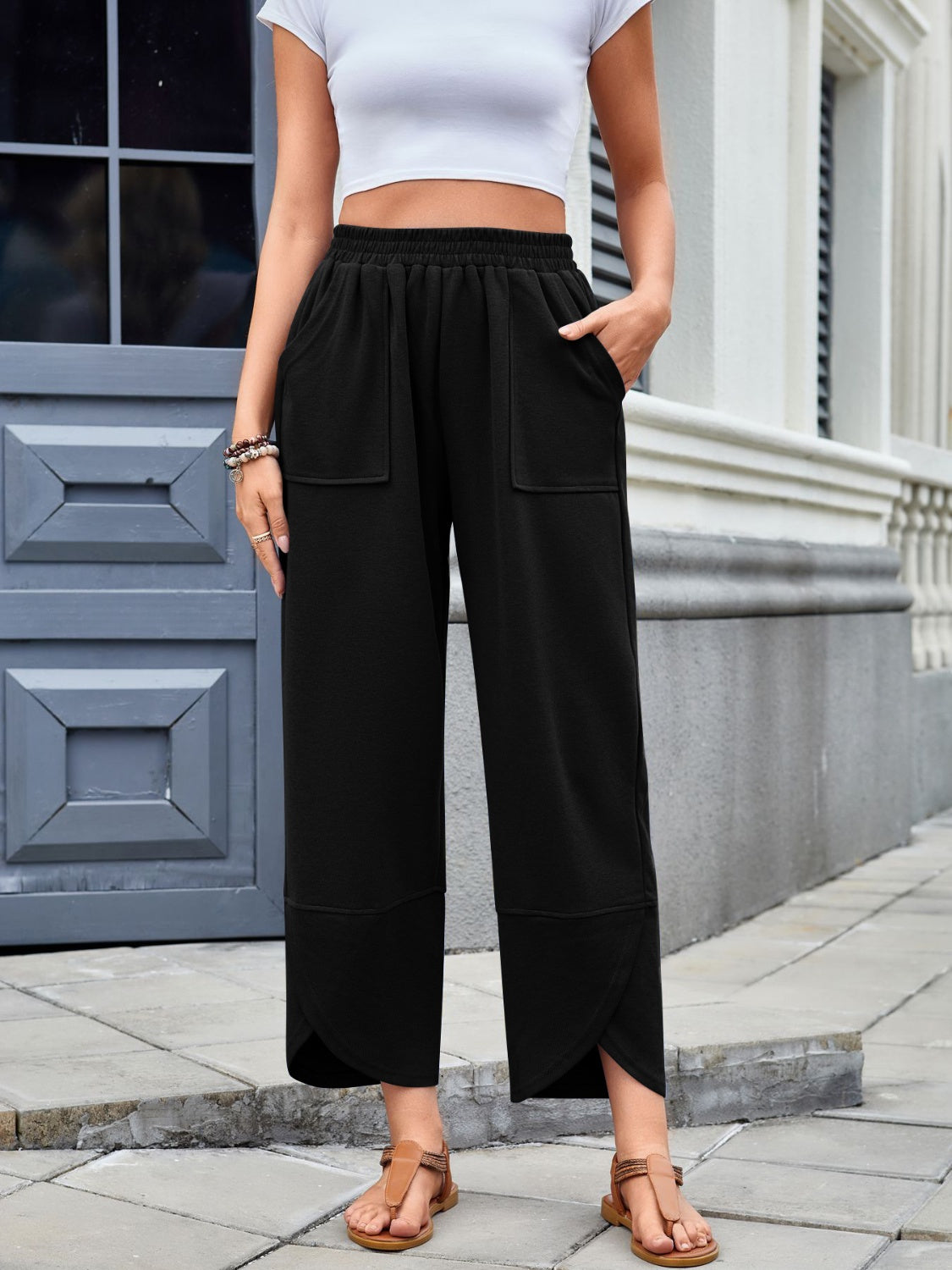 Blue Zone Planet | Lovelet Elastic Waist Wide Leg Pants-BOTTOMS SIZES SMALL MEDIUM LARGE-[Adult]-[Female]-2022 Online Blue Zone Planet