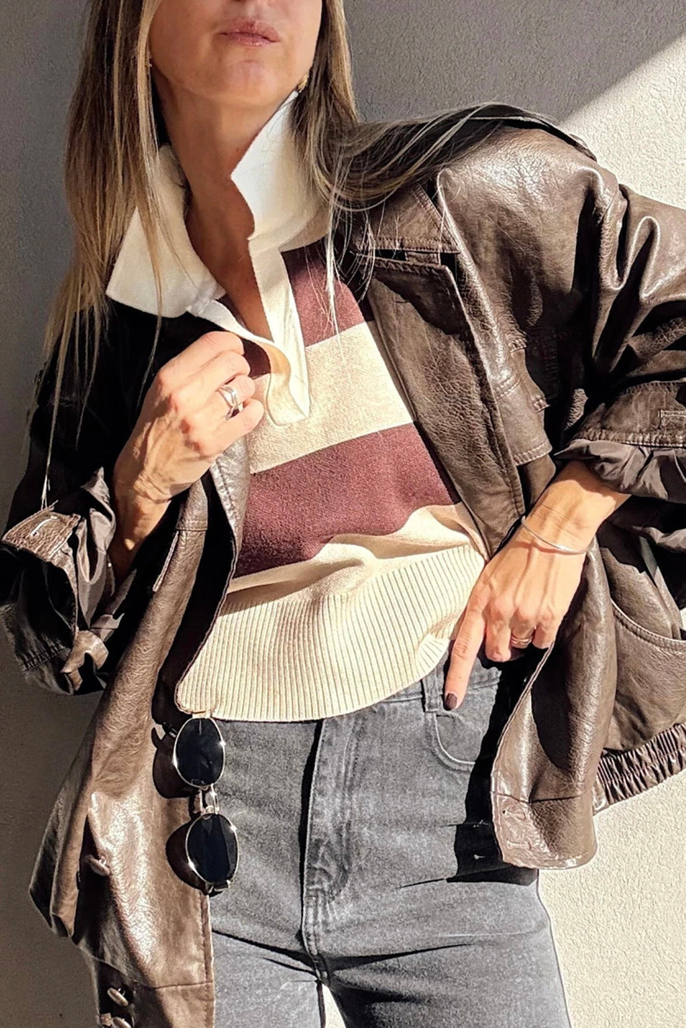 Brown Ribbed Trim Color Block Knitted Polo Collar Sweater-TOPS / DRESSES-[Adult]-[Female]-2022 Online Blue Zone Planet