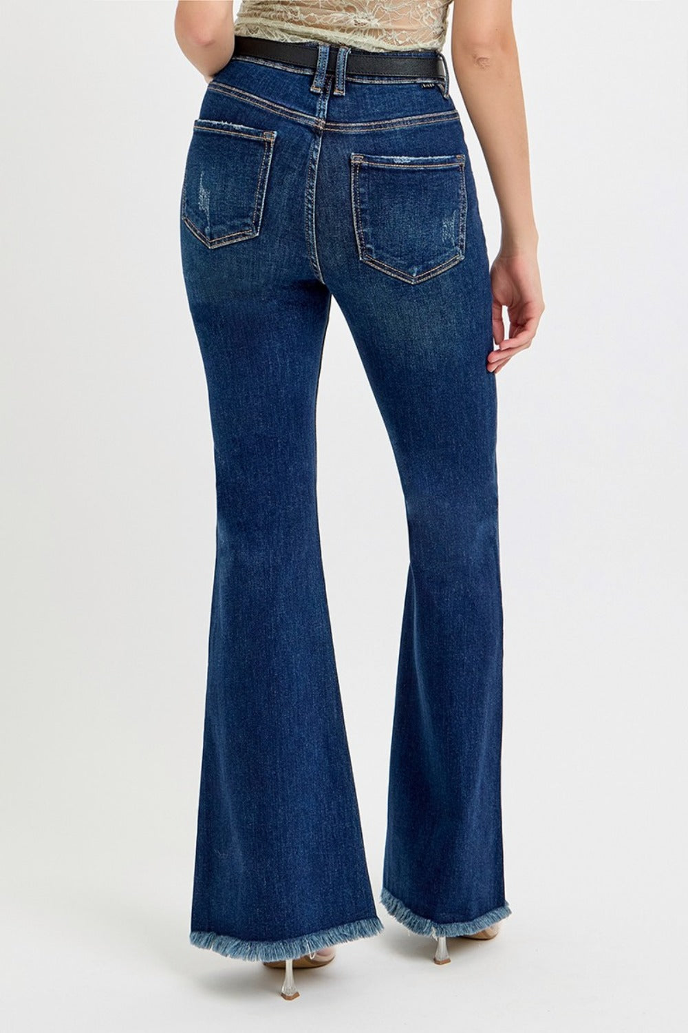 RISEN Tummy Control Frayed Hem Flare Jeans-BOTTOMS SIZES SMALL MEDIUM LARGE-[Adult]-[Female]-2022 Online Blue Zone Planet