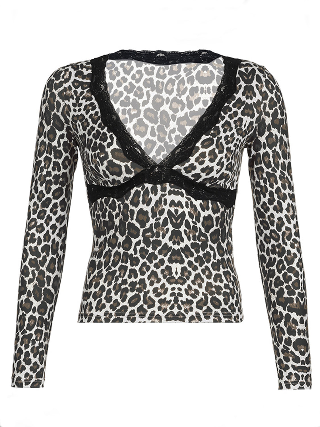 Devine Lace Detail Leopard V-Neck Long Sleeve T-Shirt-TOPS / DRESSES-[Adult]-[Female]-2022 Online Blue Zone Planet