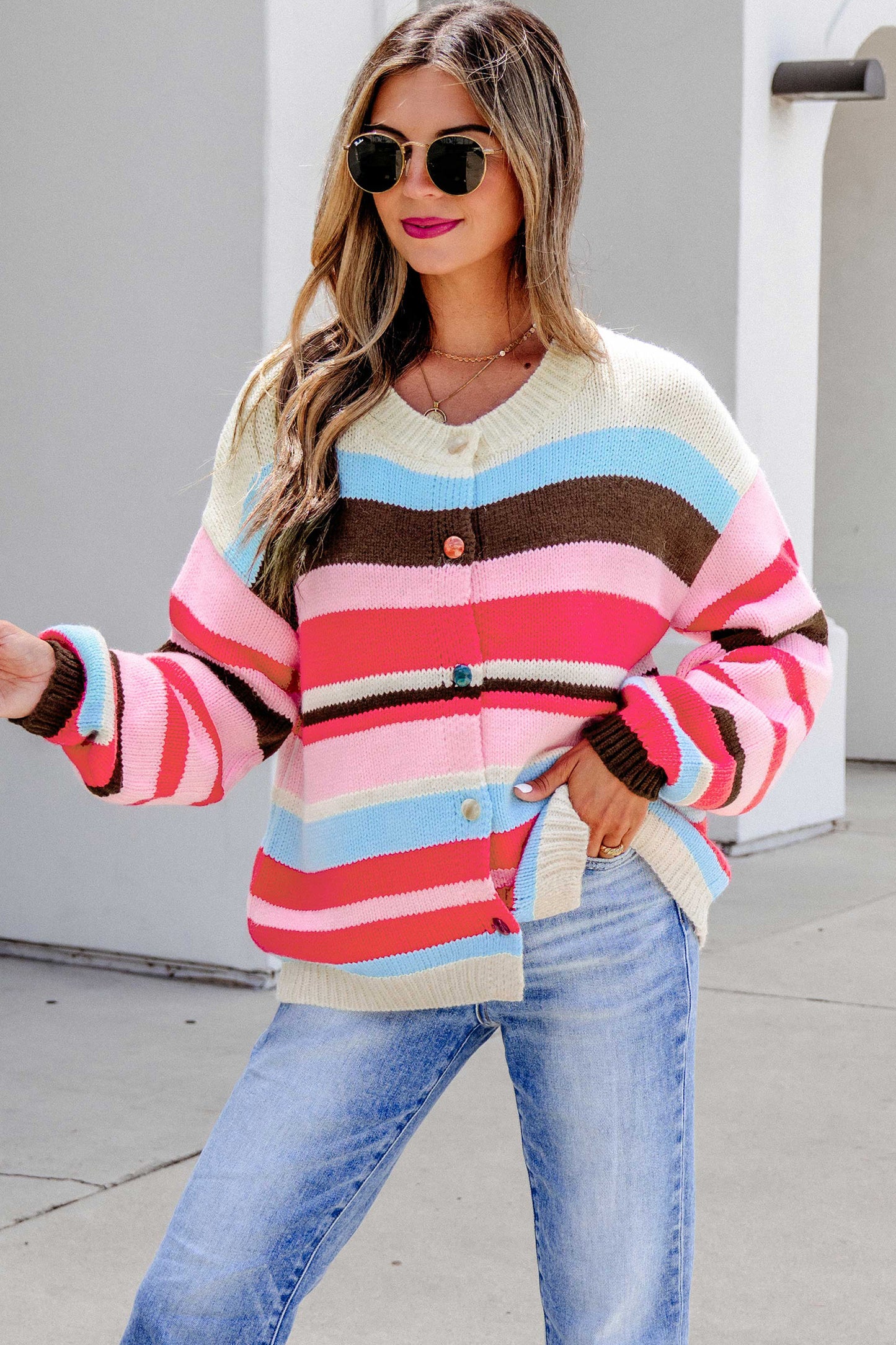 Pink Stripe Striped Colorblock Drop Shoulder Cardigan-Sweaters & Cardigans/Cardigans-[Adult]-[Female]-2022 Online Blue Zone Planet