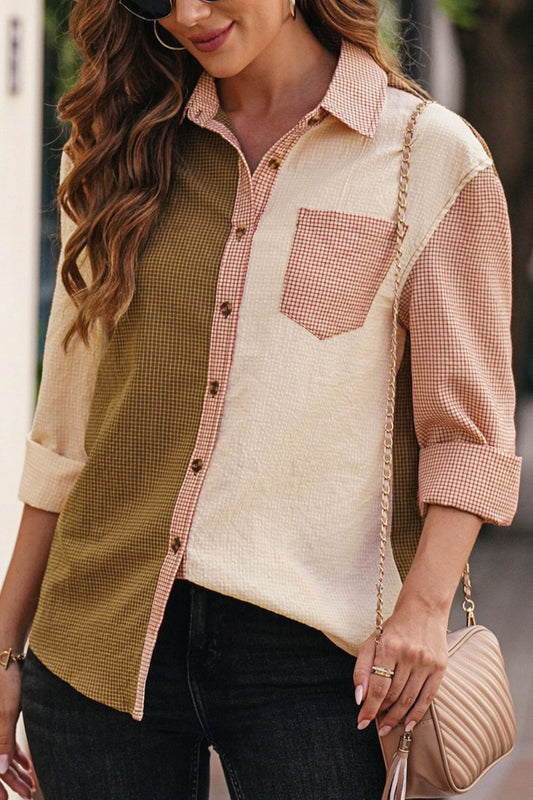 Contrast Plaid Button Down Long Sleeve Shirt-[Adult]-[Female]-Taupe-S-2022 Online Blue Zone Planet