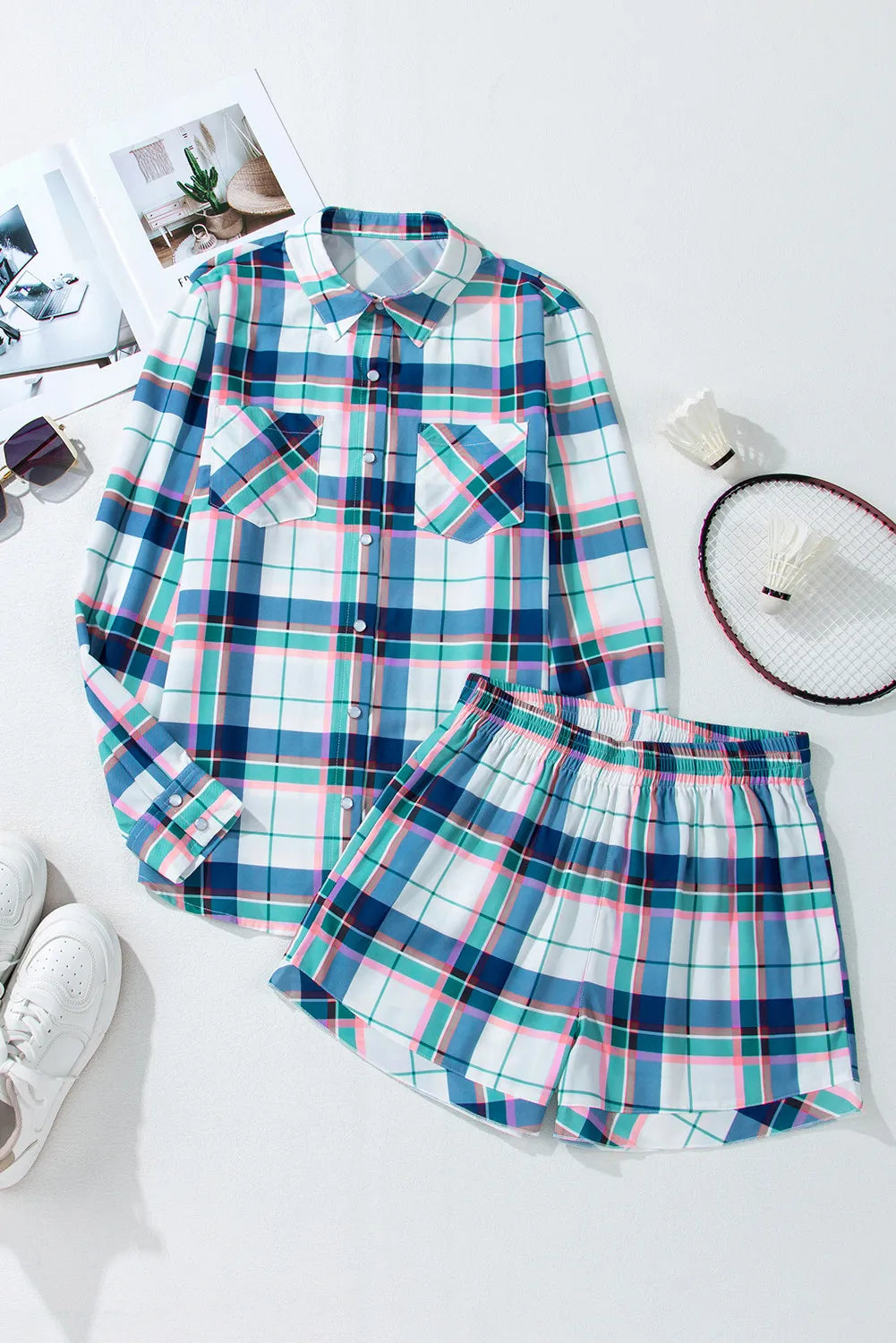 Plaid Snap Down Long Sleeve Top and Shorts Lounge Set-TOPS / DRESSES-[Adult]-[Female]-2022 Online Blue Zone Planet