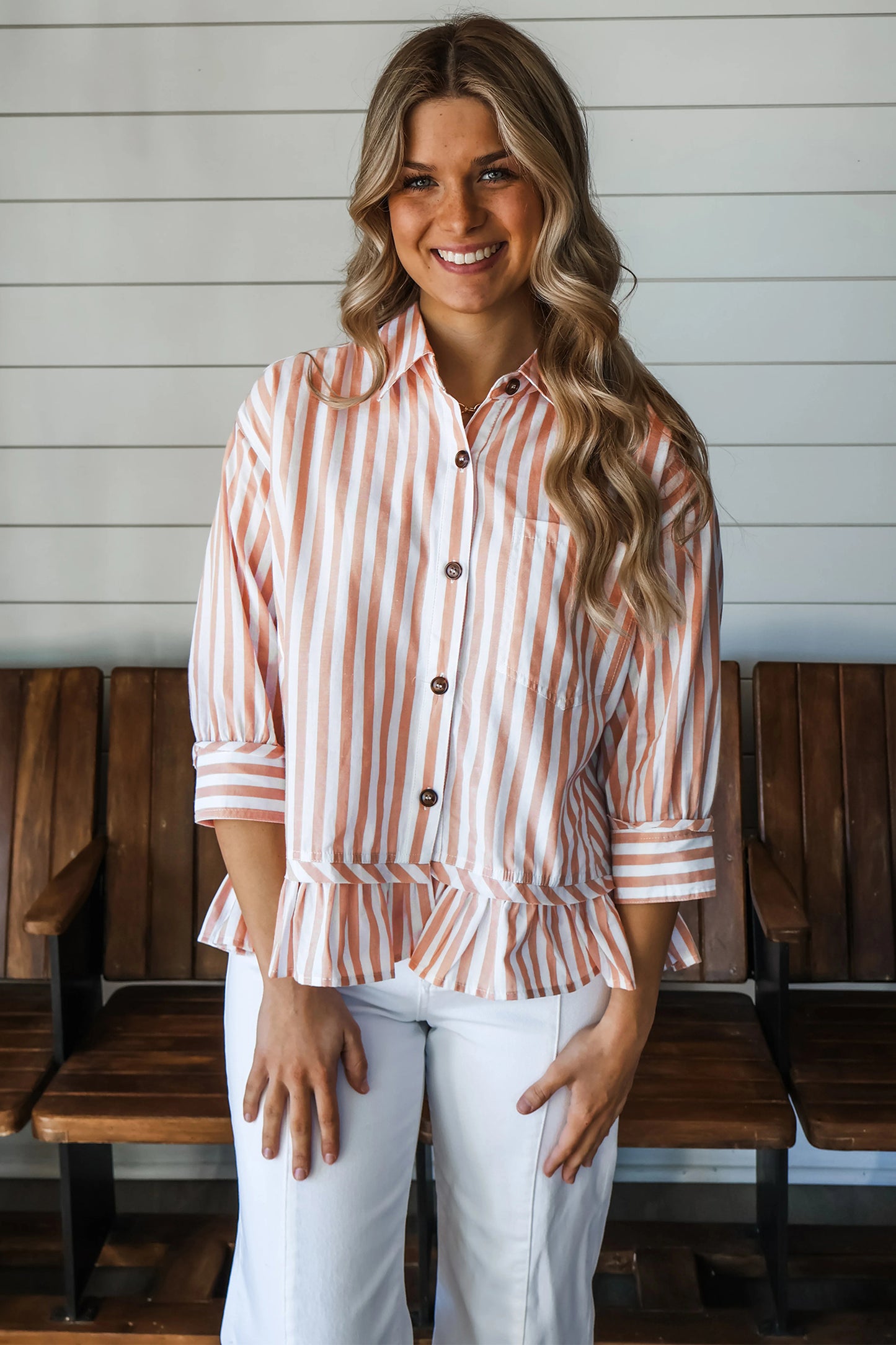 Khaki Stripe Button Front Ruffle Hem Bracelet Sleeve Shirt-Tops/Blouses & Shirts-[Adult]-[Female]-2022 Online Blue Zone Planet