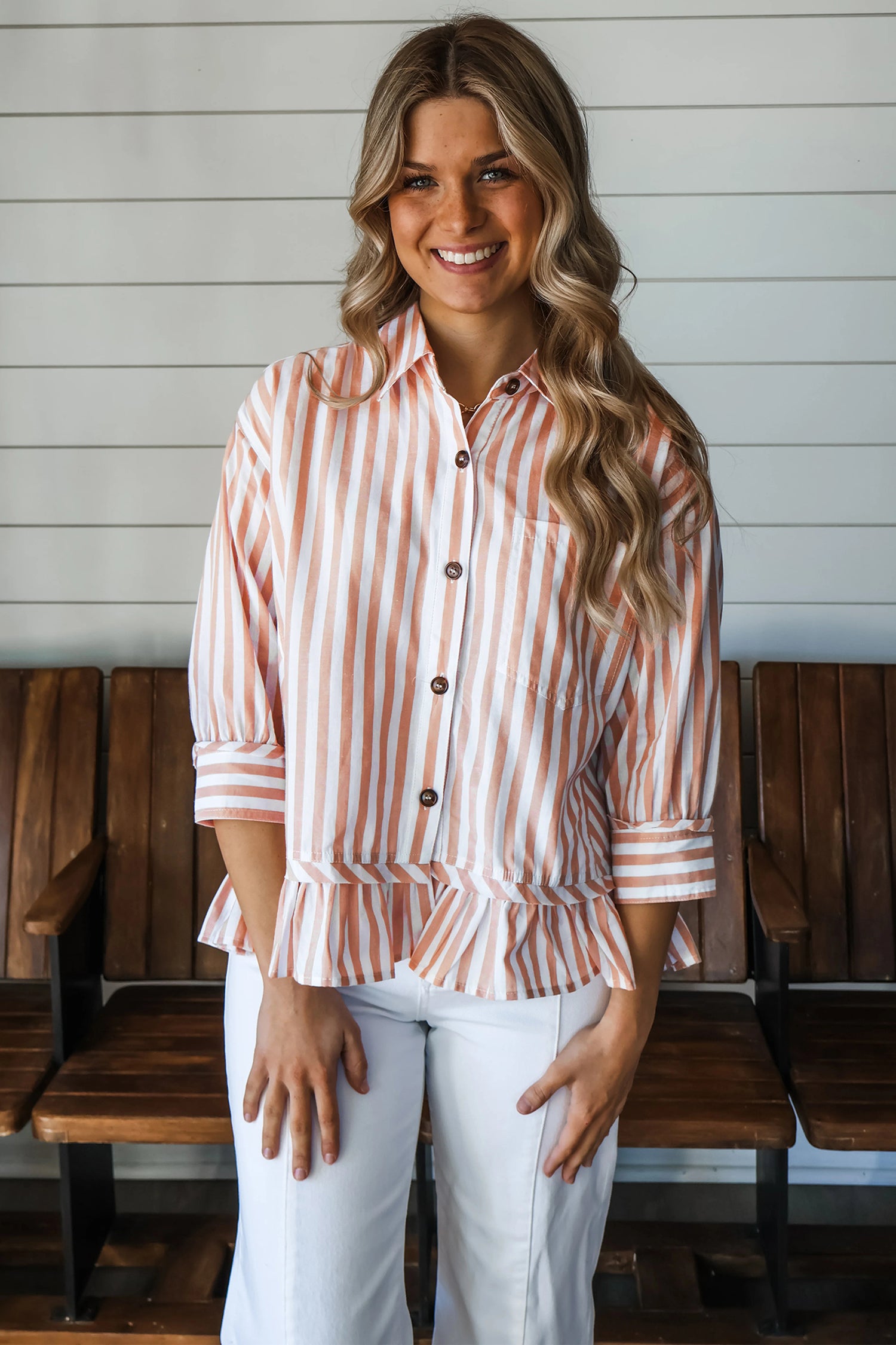 Khaki Stripe Button Front Ruffle Hem Bracelet Sleeve Shirt-Tops/Blouses & Shirts-[Adult]-[Female]-2022 Online Blue Zone Planet