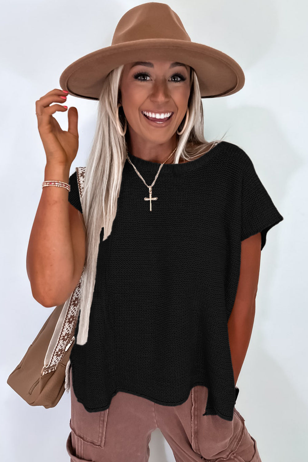 Black Solid Color Sweater Tee with Side Slits-Sweaters & Cardigans/Short Sleeve Sweaters-[Adult]-[Female]-2022 Online Blue Zone Planet