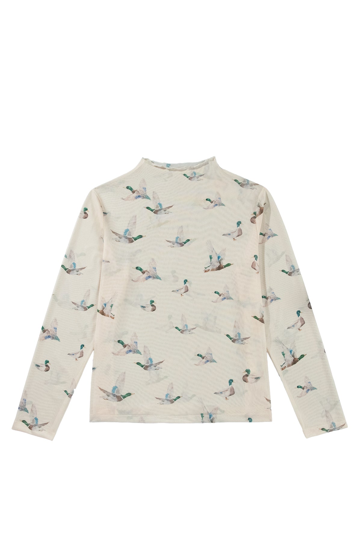 Beige Mesh Duck Print Tunic Long Sleeve Plus Size Blouse-Plus Size/Plus Size Tops/Plus Size Blouses & Shirts-[Adult]-[Female]-2022 Online Blue Zone Planet