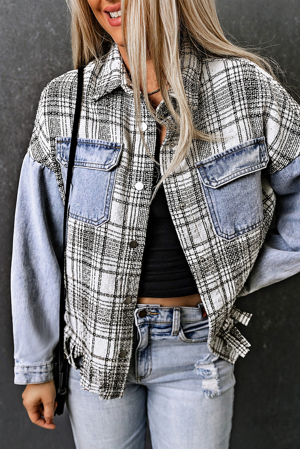 Sky Blue Plaid Patchwork Fringed Flap Pockets Denim Jacket-Outerwear/Denim jackets-[Adult]-[Female]-2022 Online Blue Zone Planet