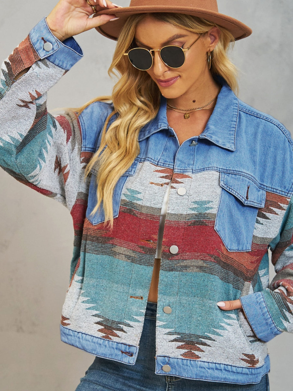 Blue Zone Planet | Geometric Button Up Dropped Shoulder Denim Jacket-TOPS / DRESSES-[Adult]-[Female]-2022 Online Blue Zone Planet