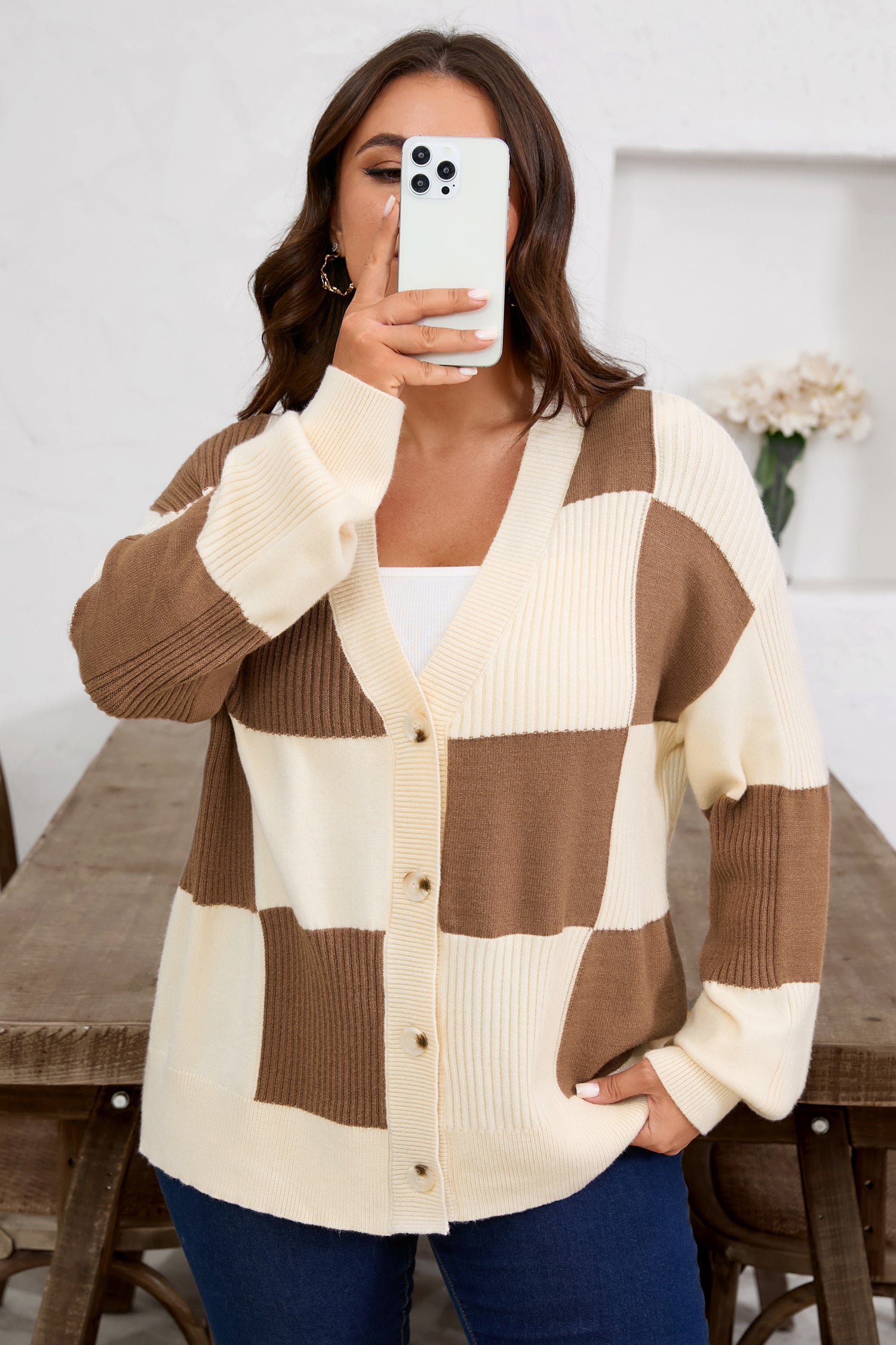Khaki Checkered Ribbed Texture Knit Plus Size Cardigan Sweater-TOPS / DRESSES-[Adult]-[Female]-2022 Online Blue Zone Planet