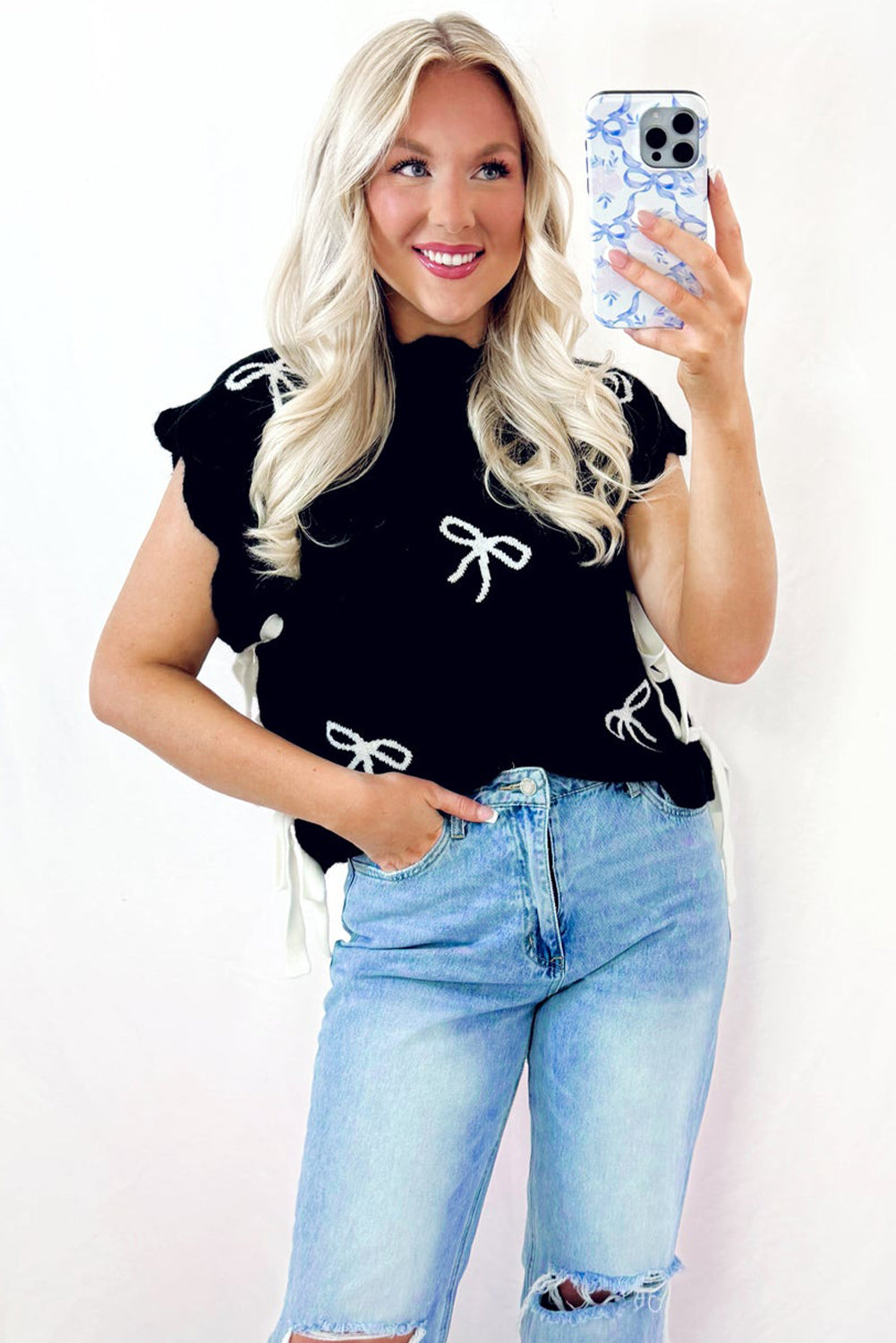 Black Bow Print Side Ties Scalloped Hem Sweater T Shirt-Sweaters & Cardigans/Short Sleeve Sweaters-[Adult]-[Female]-2022 Online Blue Zone Planet