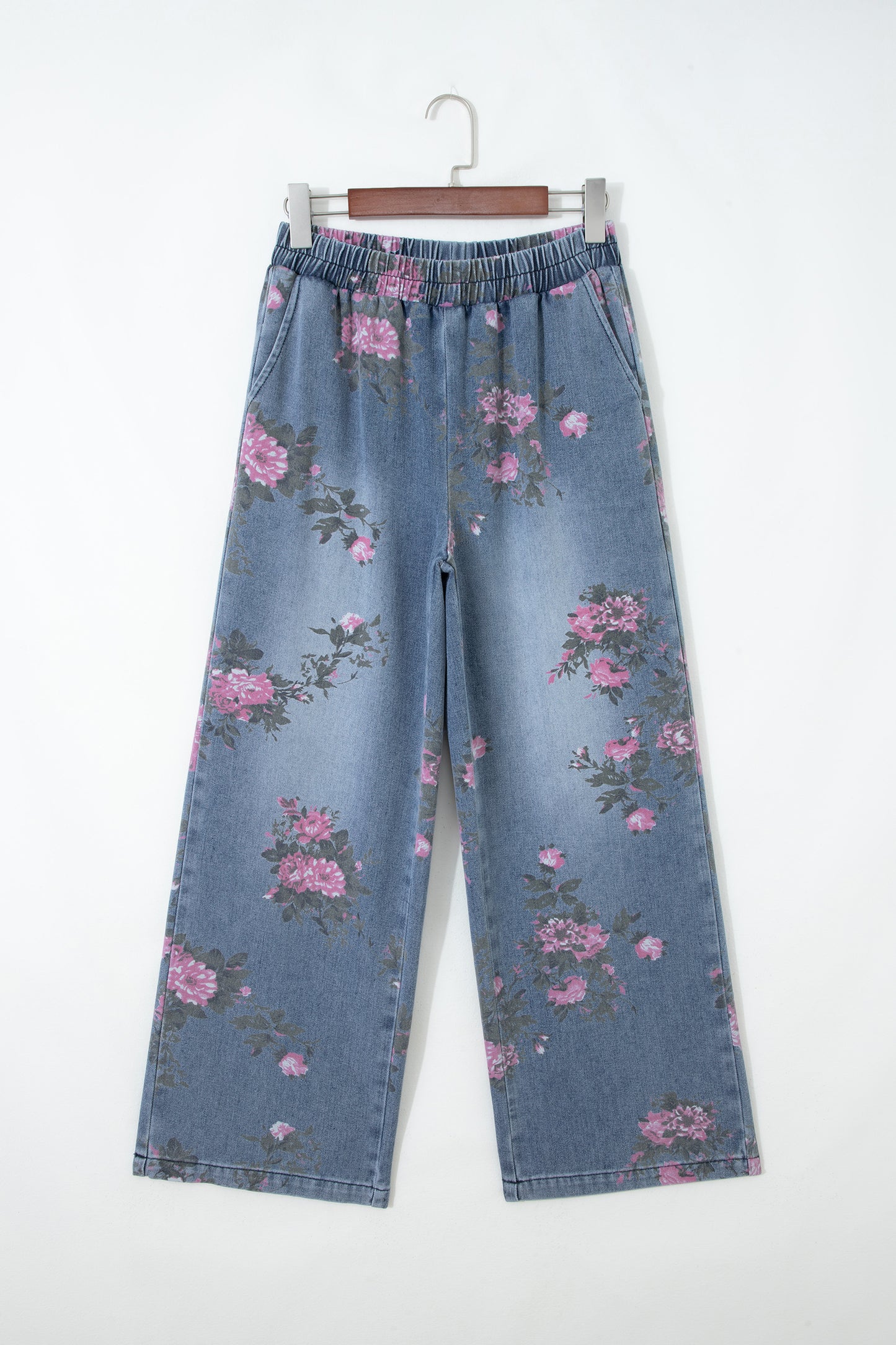 Beau Blue Floral Print Elastic Waist Pull On Casual Jeans-Bottoms/Jeans-[Adult]-[Female]-2022 Online Blue Zone Planet