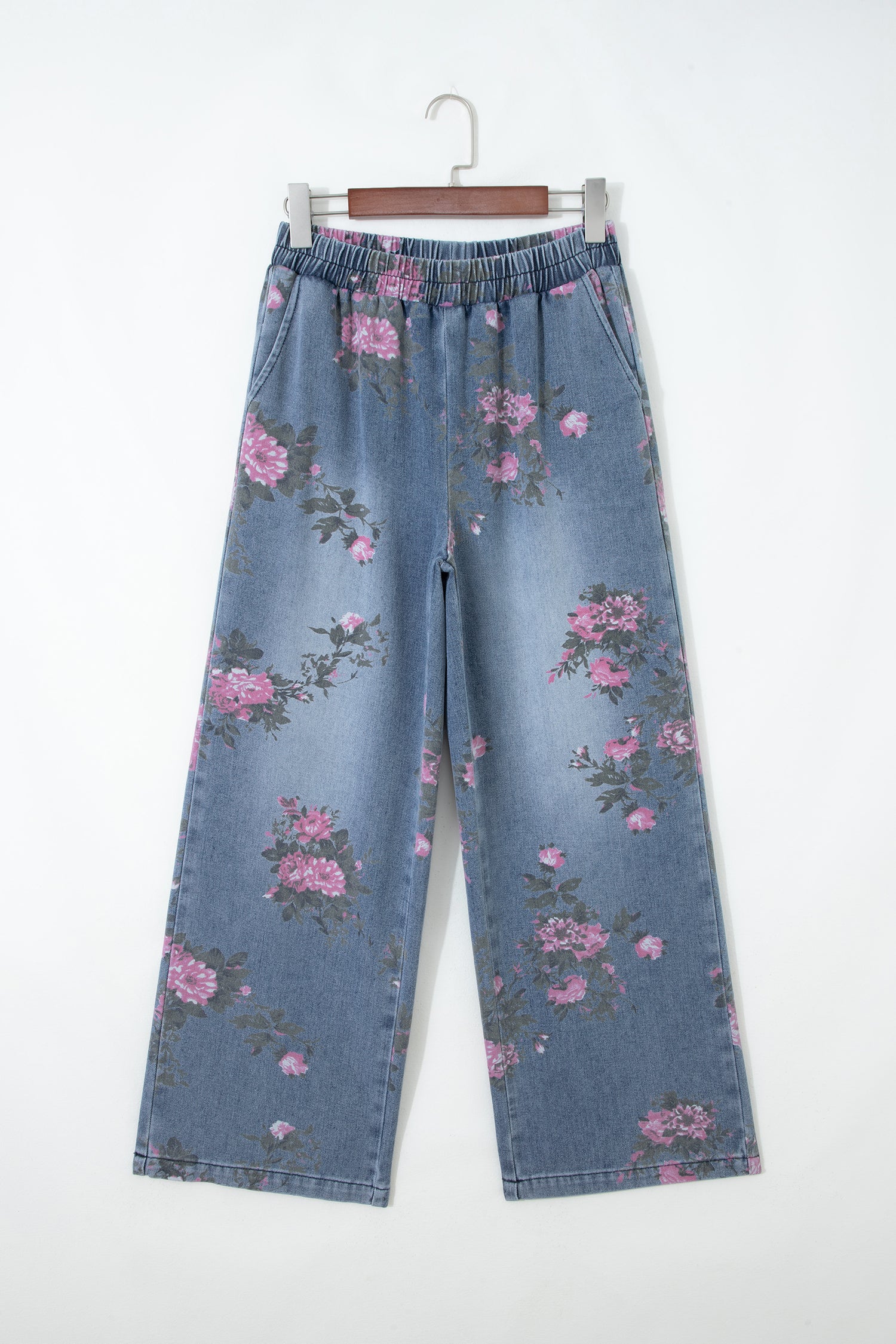 Beau Blue Floral Print Elastic Waist Pull On Casual Jeans-Bottoms/Jeans-[Adult]-[Female]-2022 Online Blue Zone Planet