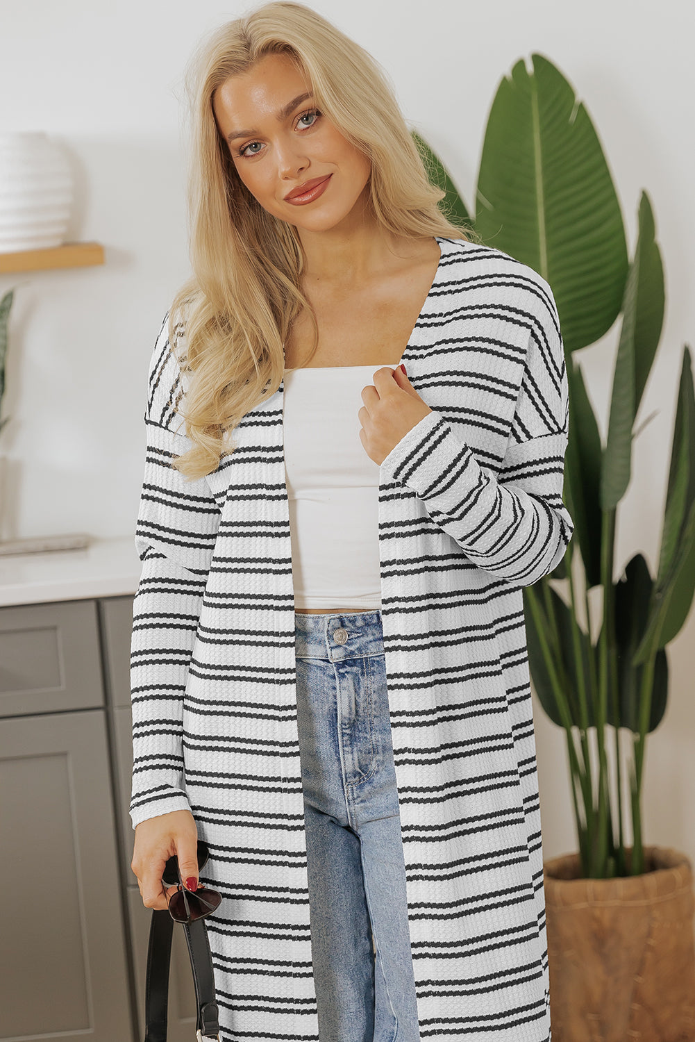 Blue Zone Planet | Black Stripe Print Open Front Duster Cardigan-Sweaters & Cardigans/Cardigans-[Adult]-[Female]-2022 Online Blue Zone Planet