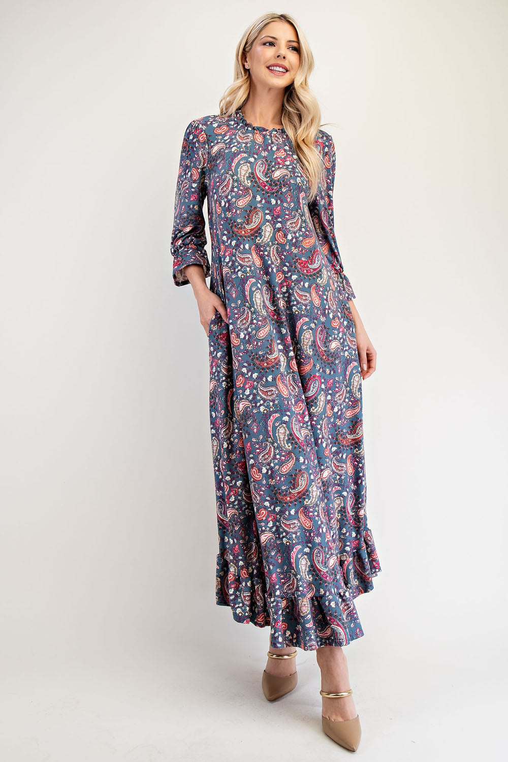 Blue Zone Planet | Celeste Full Size Ruffle Hem Paisley Round Neck Dress-TOPS / DRESSES-[Adult]-[Female]-2022 Online Blue Zone Planet