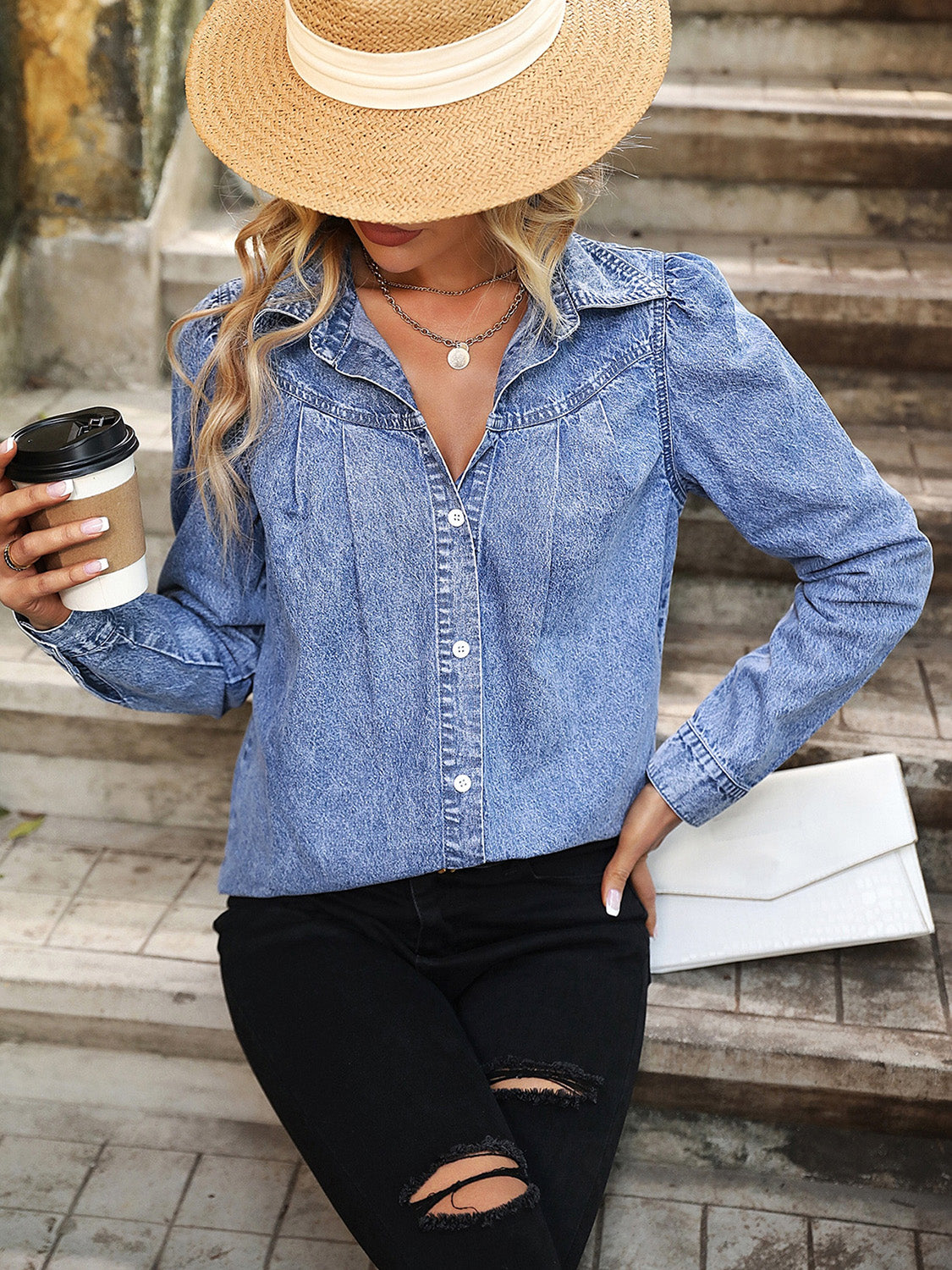 Button Up Collared Neck Long Sleeve Denim Top-TOPS / DRESSES-[Adult]-[Female]-2022 Online Blue Zone Planet