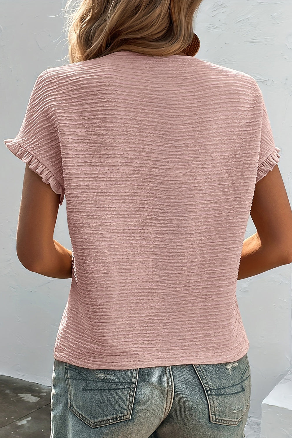 Light Pink Solid Textured Ruffled Short Sleeve Blouse-Tops/Blouses & Shirts-[Adult]-[Female]-2022 Online Blue Zone Planet