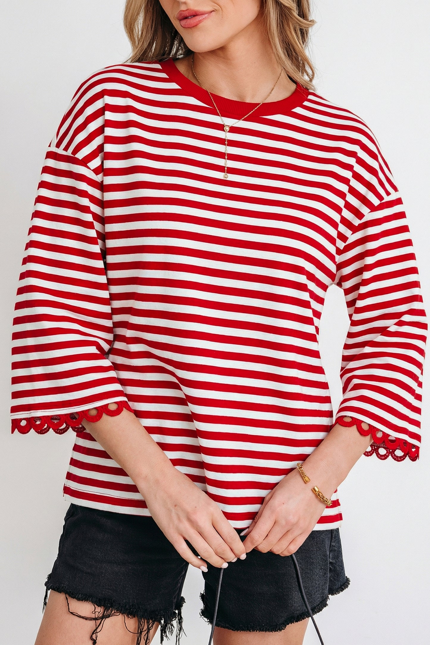 Sachet Pink Striped Print Drop Shoulder Lace Trim Bracelet Sleeve Loose Top