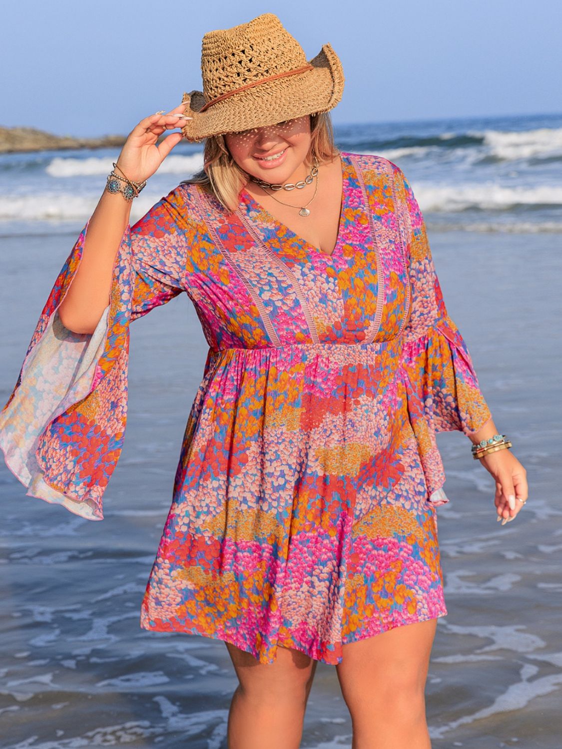 Blue Zone Planet | Plus Size Ruched Printed Long Sleeve Dress-TOPS / DRESSES-[Adult]-[Female]-2022 Online Blue Zone Planet