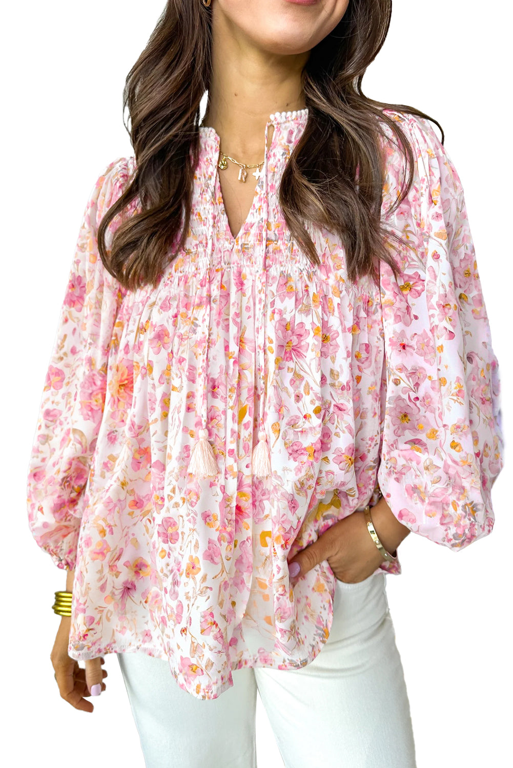 Pink Floral Print Tassel Tie Smocked V Neck Puff Sleeve Tunic Blouse-Tops/Blouses & Shirts-[Adult]-[Female]-2022 Online Blue Zone Planet