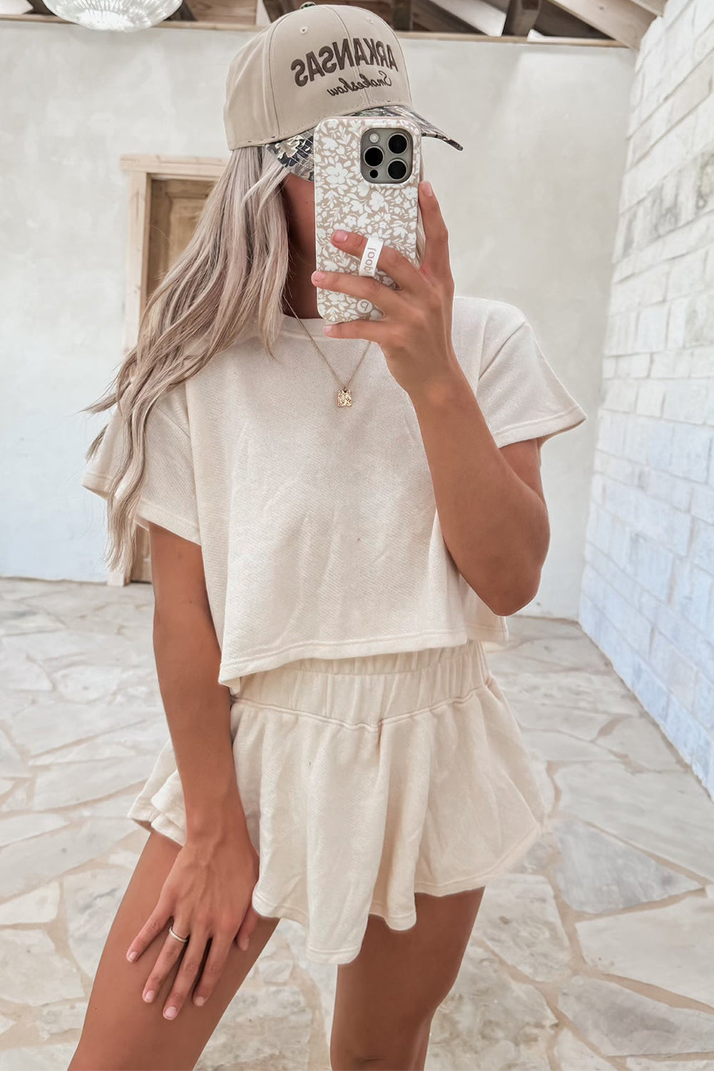 Beige 2pcs Cropped Tee and Ruffle High Waist Skort Set-Two Piece Sets/Short Sets-[Adult]-[Female]-2022 Online Blue Zone Planet