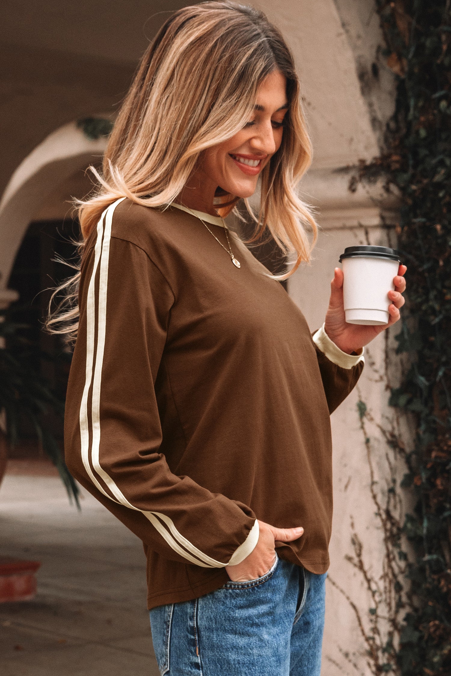 Dark Brown Varsity Striped Accent Contrast Crew Neck Long Sleeve T Shirt-Tops/Long Sleeve Tops-[Adult]-[Female]-2022 Online Blue Zone Planet