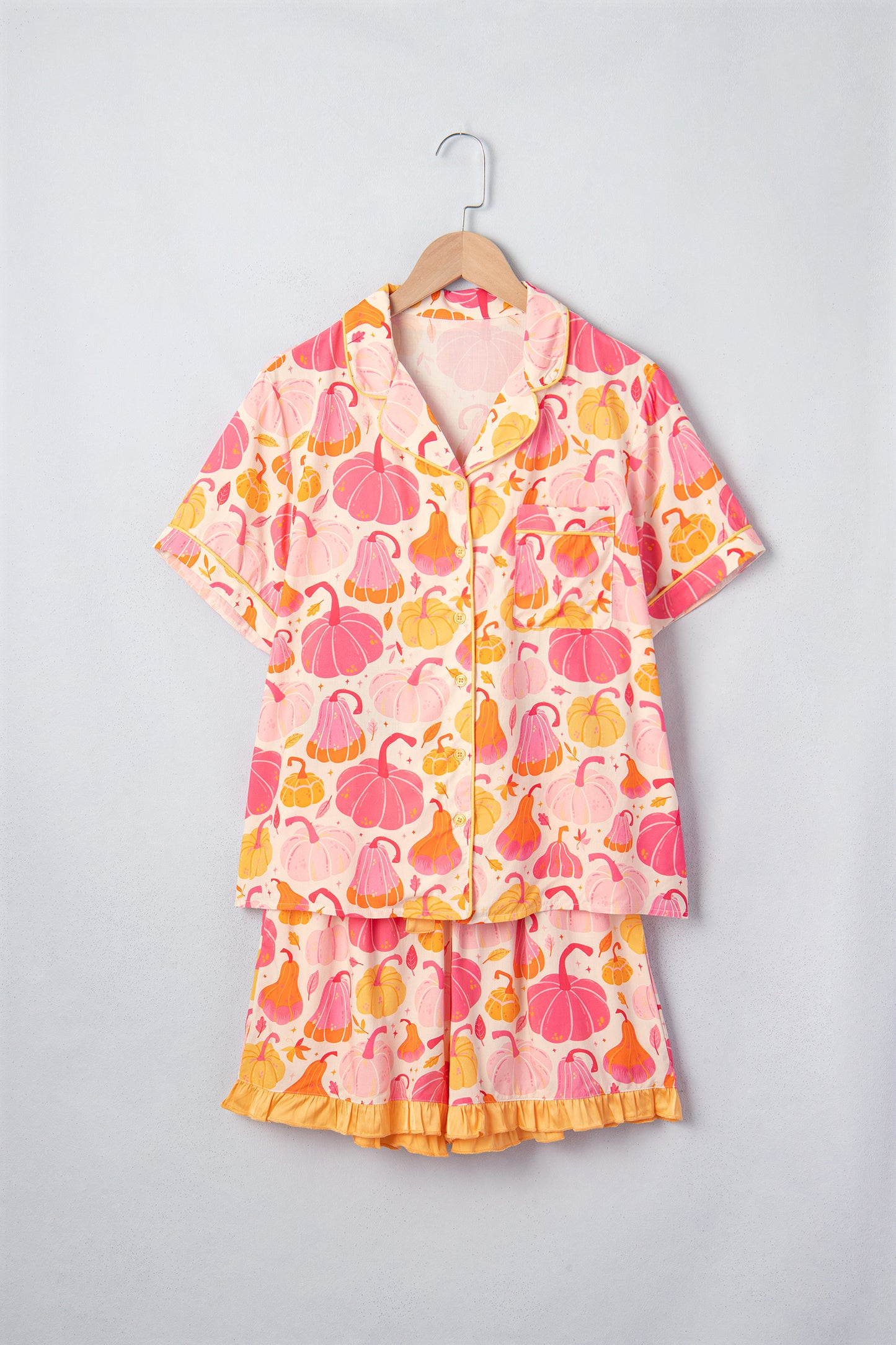 Pink Short Sleeve Pumpkin Print Pocket Placket Shell Button Lounge Set-Loungewear & Sleepwear/Loungewear-[Adult]-[Female]-2022 Online Blue Zone Planet