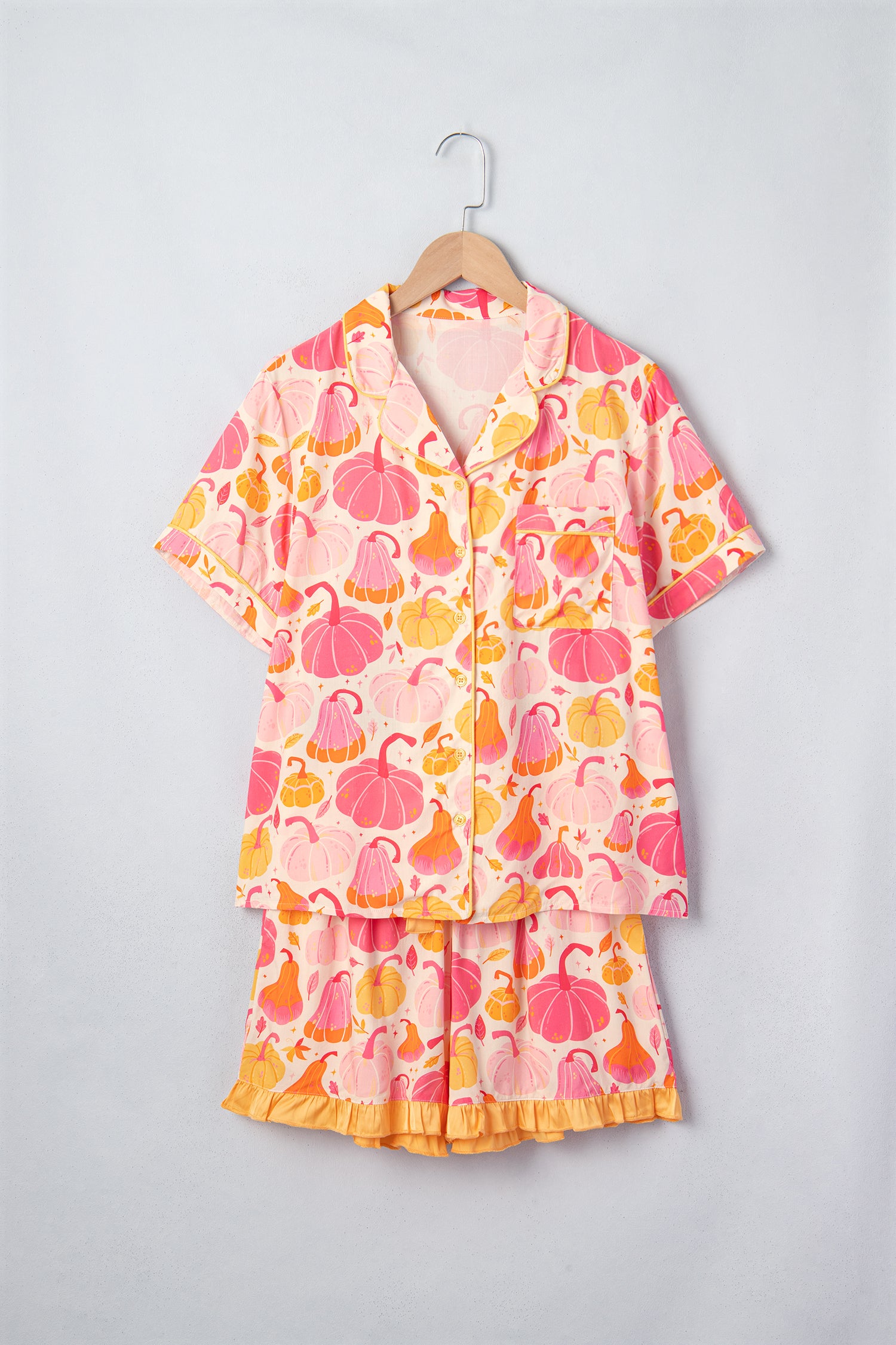 Pink Short Sleeve Pumpkin Print Pocket Placket Shell Button Lounge Set-Loungewear & Sleepwear/Loungewear-[Adult]-[Female]-2022 Online Blue Zone Planet