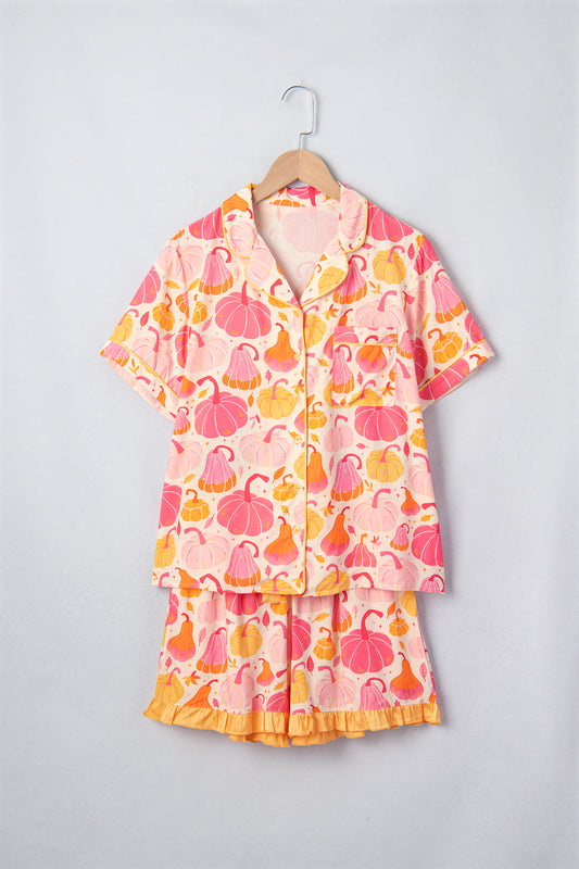Pink Short Sleeve Pumpkin Print Pocket Placket Shell Button Lounge Set-Loungewear & Sleepwear/Loungewear-[Adult]-[Female]-2022 Online Blue Zone Planet