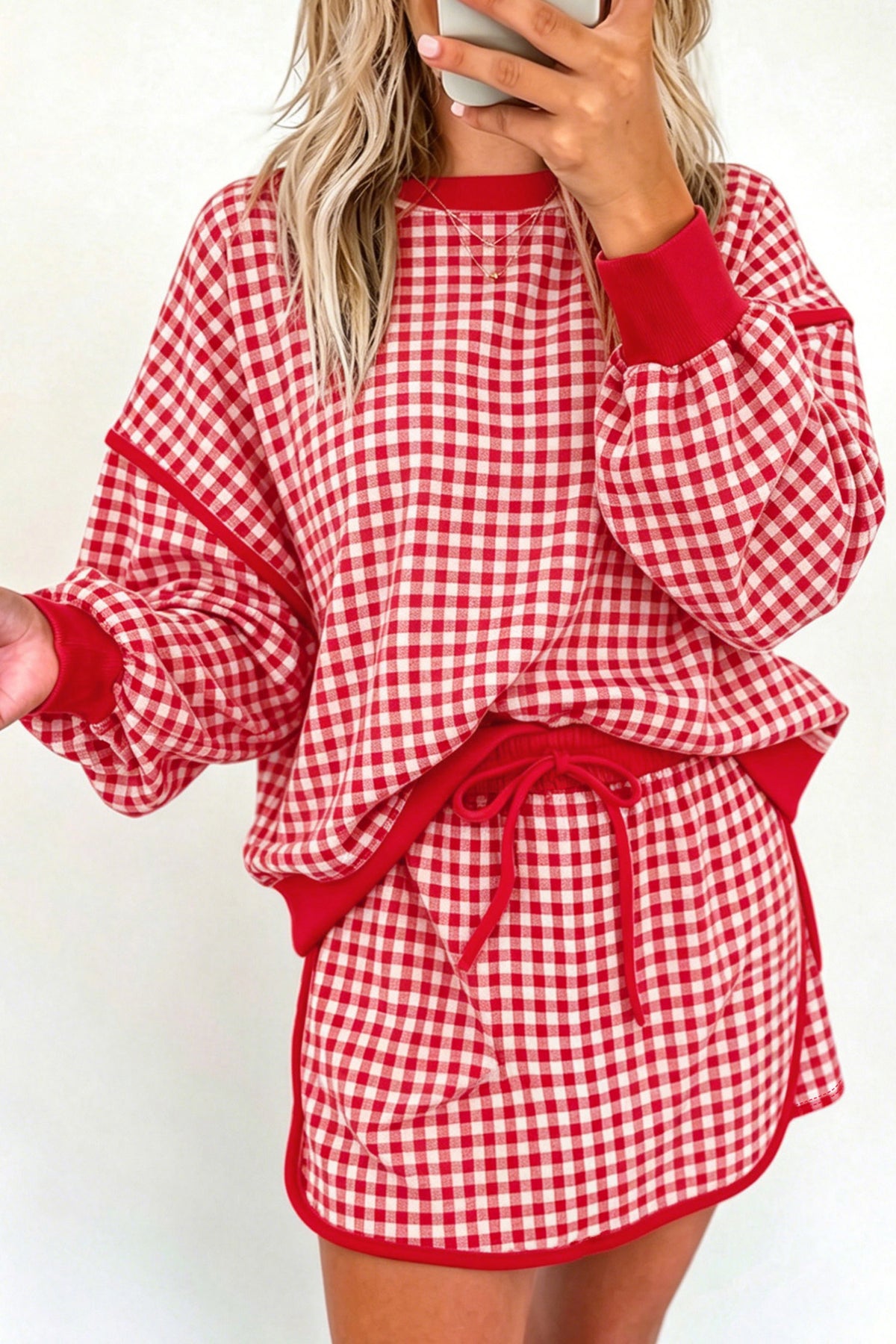 Red Gingham Oversized Ribbed Trim Crew Neck Long Sleeve Top and Skort Set-Two Piece Sets/Two Piece Dresses-[Adult]-[Female]-2022 Online Blue Zone Planet