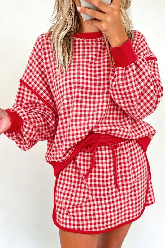 Red Gingham Oversized Ribbed Trim Crew Neck Long Sleeve Top and Skort Set-Two Piece Sets/Two Piece Dresses-[Adult]-[Female]-2022 Online Blue Zone Planet