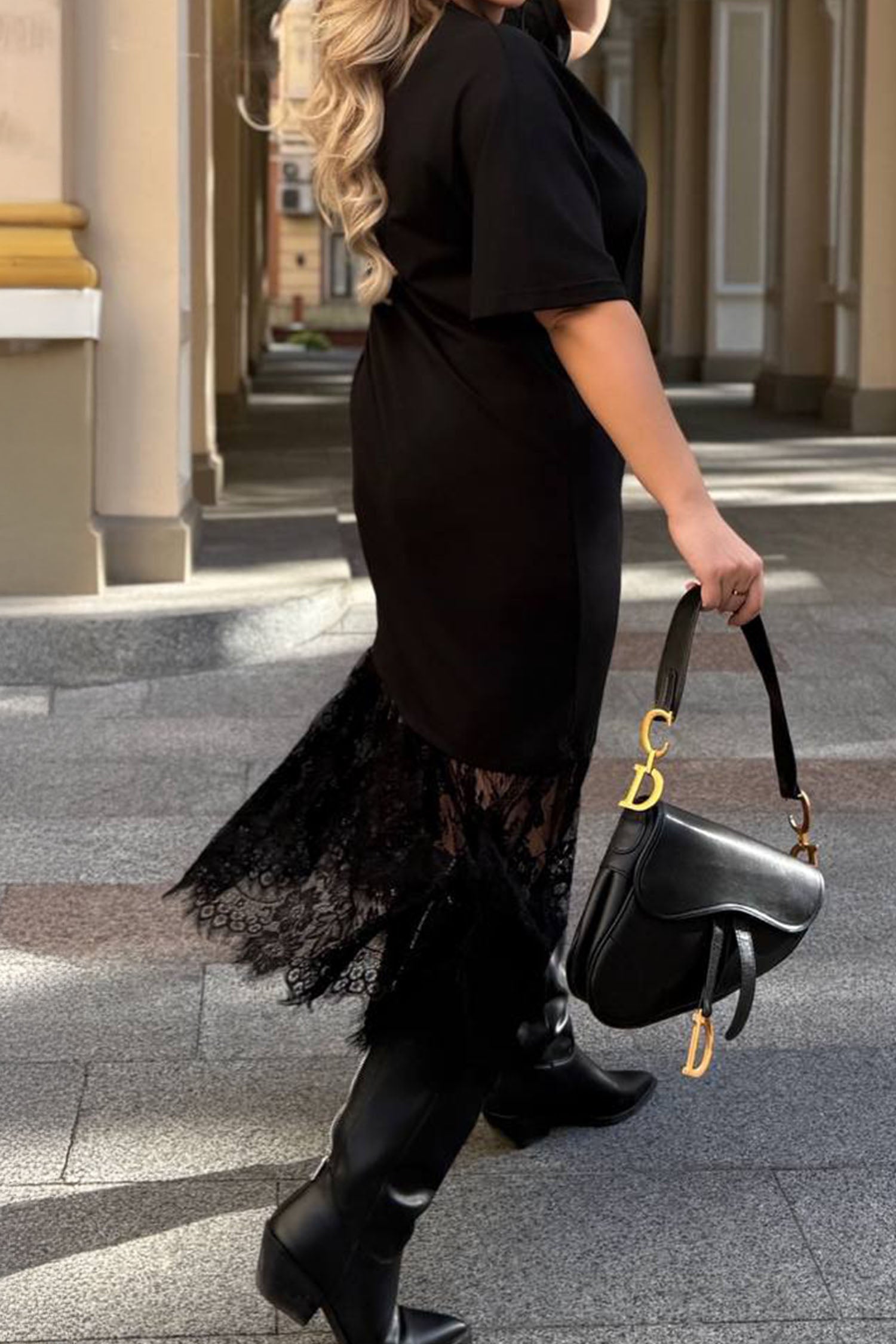 Black Plus Size Lace Hem Patchwork T Shirt Midi Dress-TOPS / DRESSES-[Adult]-[Female]-2022 Online Blue Zone Planet