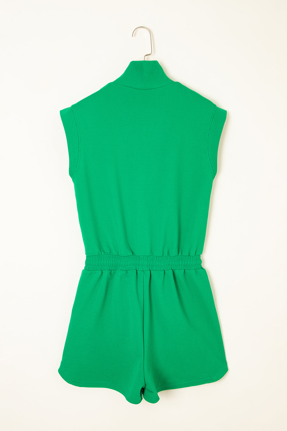 Bright Green Textured Short Sleeve Half Zip Drawstring Waist Romper-Bottoms/Jumpsuits & Rompers-[Adult]-[Female]-2022 Online Blue Zone Planet