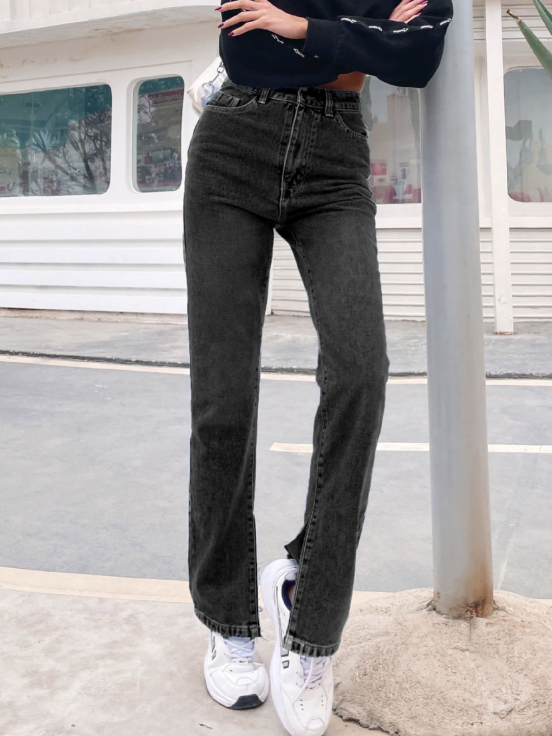 Side Slit High Waist Jeans with Pockets-[Adult]-[Female]-2022 Online Blue Zone Planet