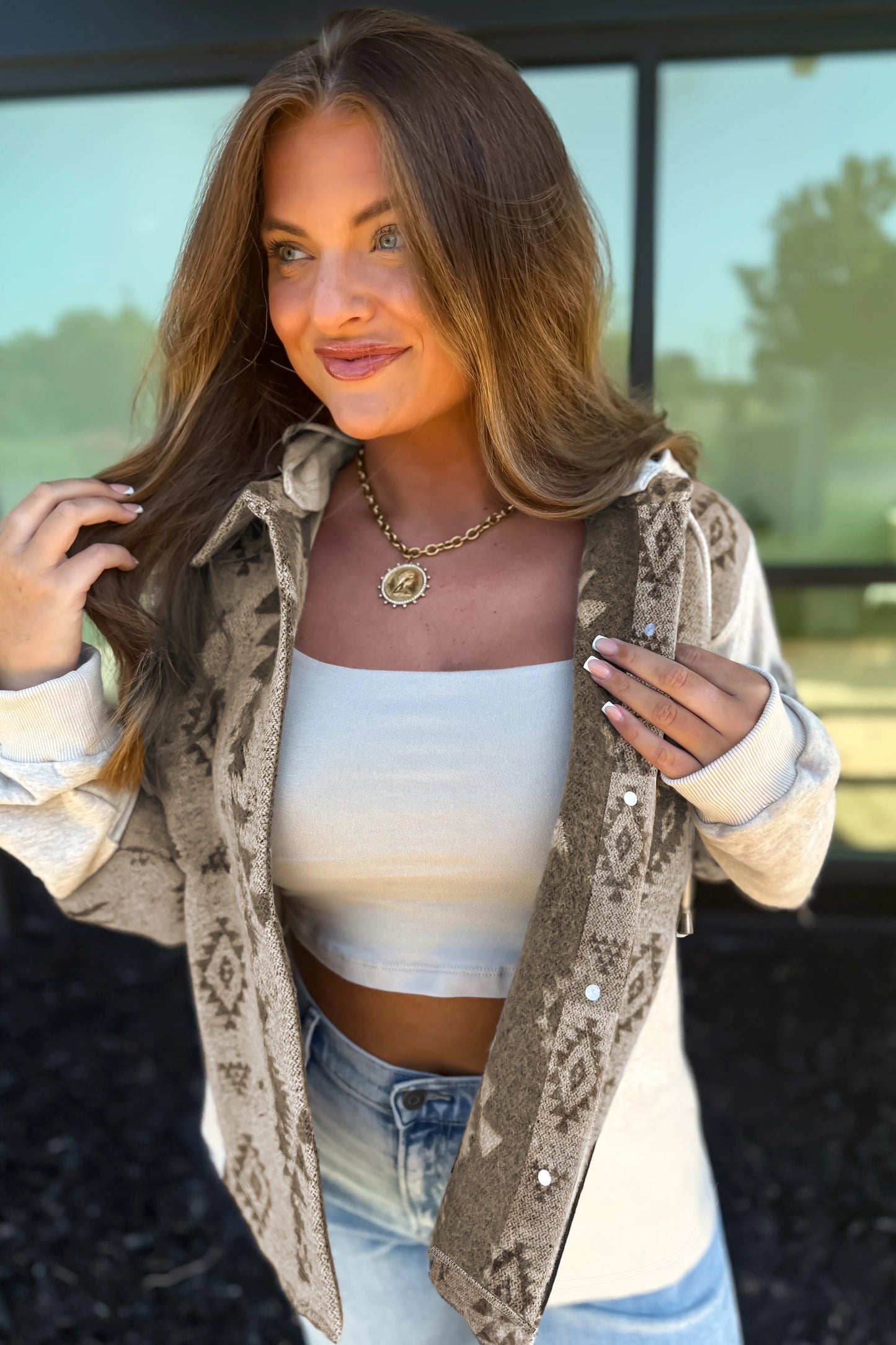 Gray Western Aztec Print Color Block Patchwork Drawstring Hooded Shacket-Outerwear/Jackets-[Adult]-[Female]-2022 Online Blue Zone Planet