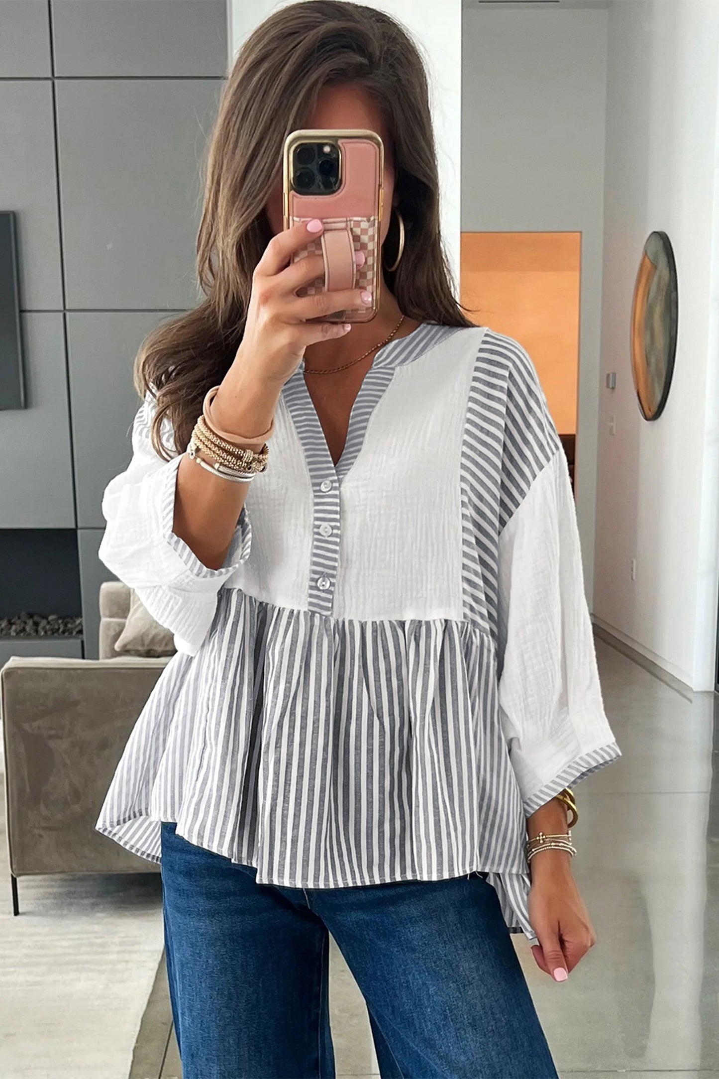 Gray Stripe Half Button Gauze Patchwork Bracelet Sleeve Babydoll Blouse-Tops/Blouses & Shirts-[Adult]-[Female]-2022 Online Blue Zone Planet