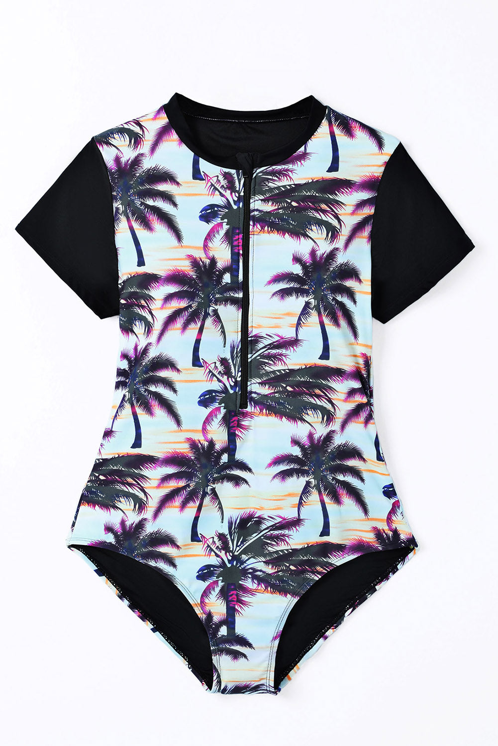 Blue Plant Print Zip Front Half Sleeve One Piece Swimsuit-One-Piece-[Adult]-[Female]-2022 Online Blue Zone Planet