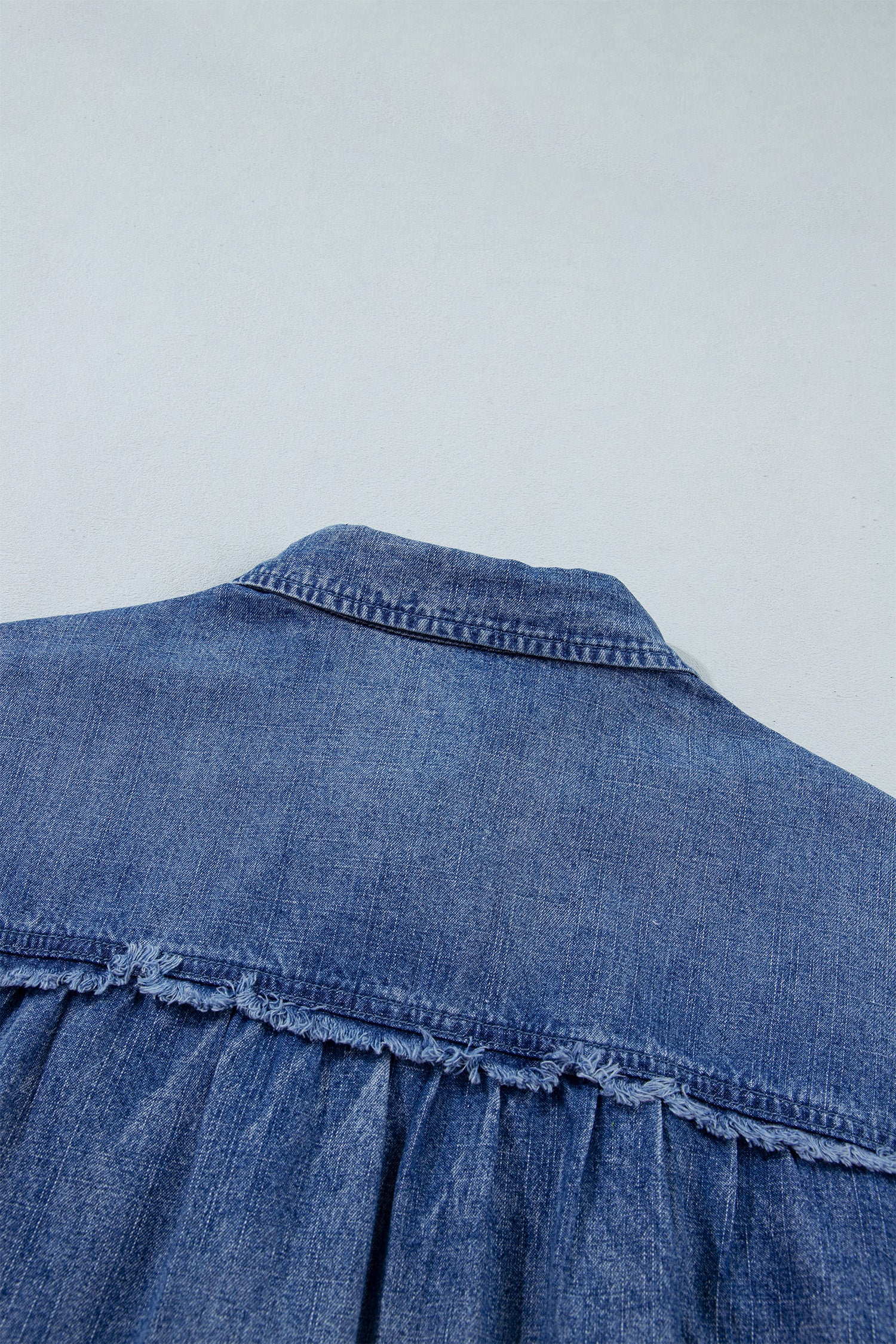 Dusk Blue Three Quarter Sleeve Button Front Loose Denim Shirt-Tops/Blouses & Shirts-[Adult]-[Female]-2022 Online Blue Zone Planet