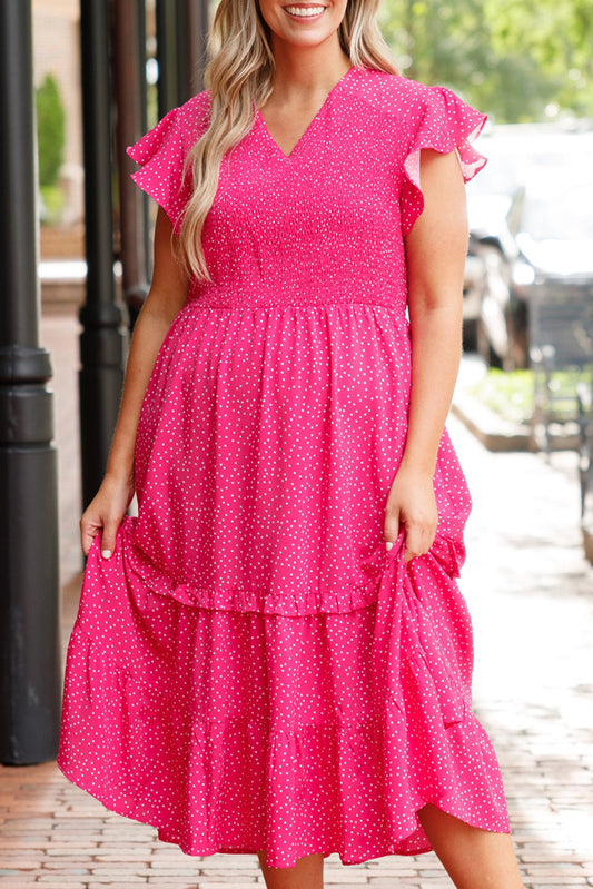Rose Polka Dot Print Ruffled Smocked High Waist Plus Midi Dress-TOPS / DRESSES-[Adult]-[Female]-Rose-1X-2022 Online Blue Zone Planet